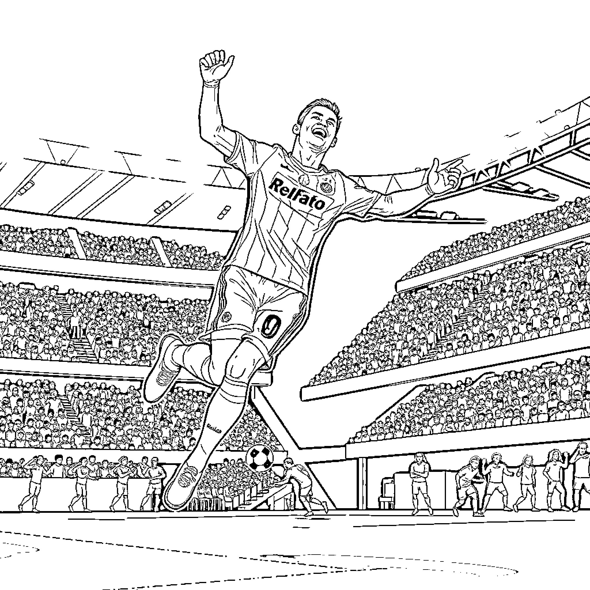 Cristiano Ronaldo Celebrates Goal in Thrilling Soccer Match Coloring Page (free black-and-white line drawing printable PDF for all, from beginners to advanced learners, including children, teens, adults, and seniors)