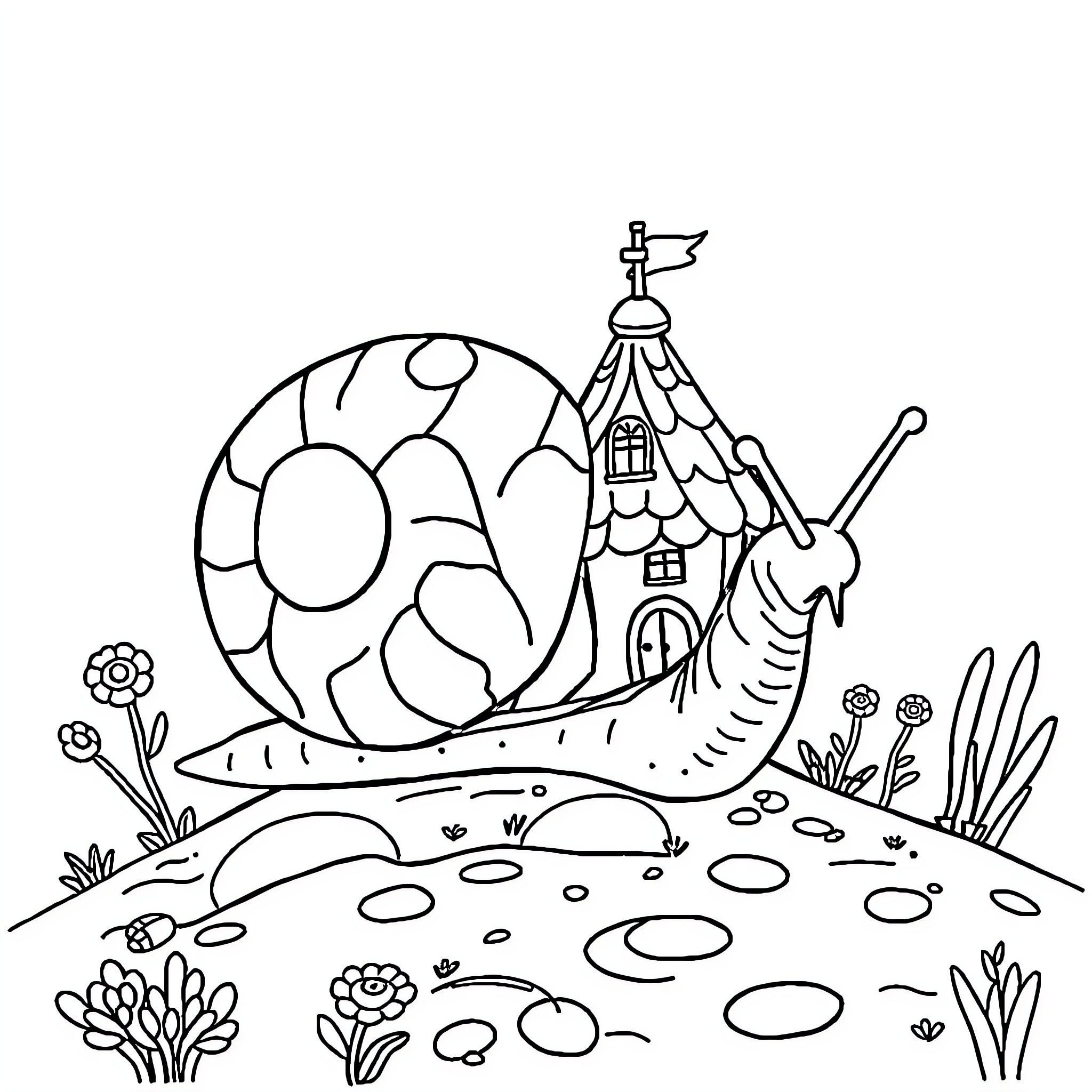 Escargot's Whimsical Adventure in a Dreamscape Landscape Coloring Page (free black-and-white line drawing printable PDF for all, from beginners to advanced learners, including children, teens, adults, and seniors)