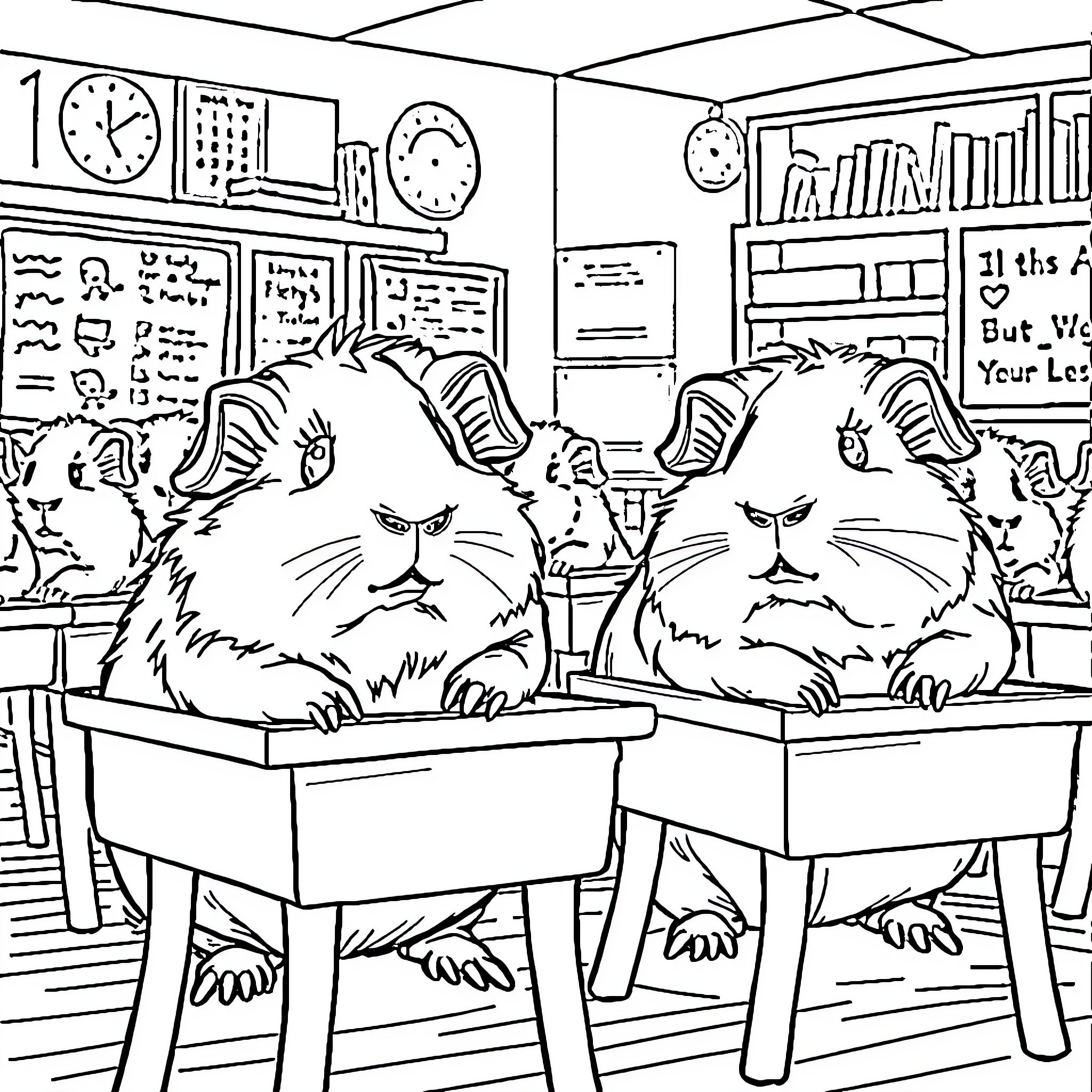 Guinea Pigs Studying Diligently in the Classroom Coloring Page (free black-and-white line drawing printable PDF for all, from beginners to advanced learners, including children, teens, adults, and seniors)