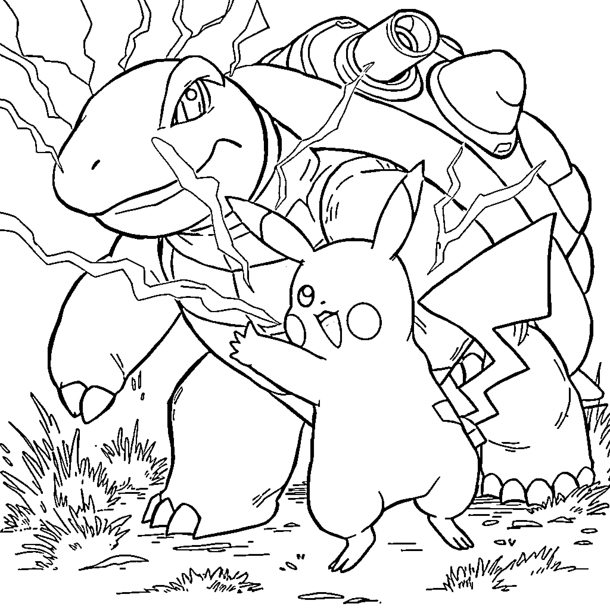 Pikachu and Bulbasaur in Adventurous Poses Coloring Page (free black-and-white line drawing printable PDF for all, from beginners to advanced learners, including children, teens, adults, and seniors)