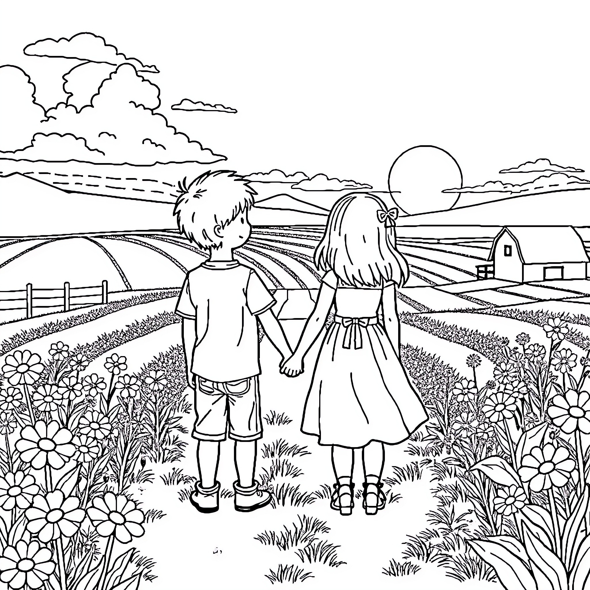 Boy and Girl Exploring Countryside Landscape Coloring Page (free black-and-white line drawing printable PDF for all, from beginners to advanced learners, including children, teens, adults, and seniors)