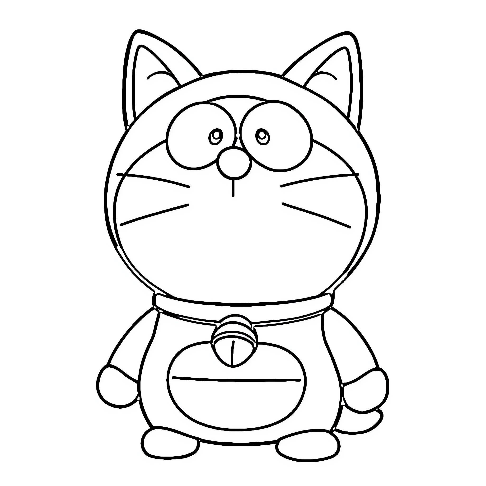 Doraemon in simple black and white design Coloring Page (free black-and-white line drawing printable PDF for all, from beginners to advanced learners, including children, teens, adults, and seniors)