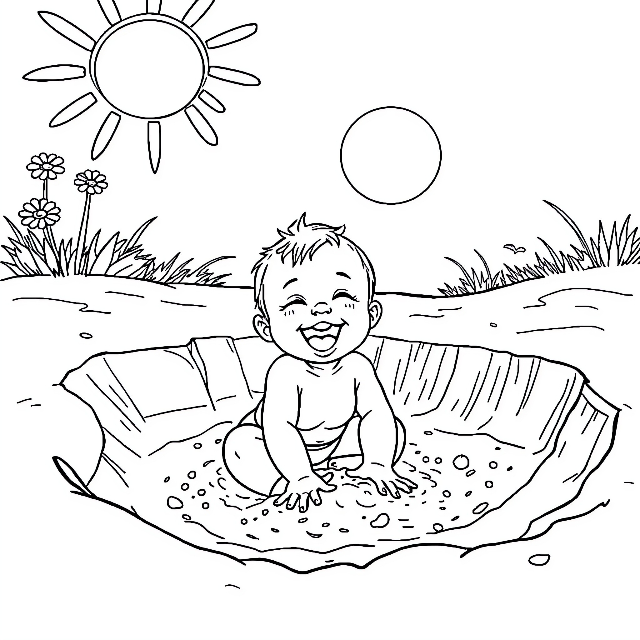 Baby playing happily in the sandbox on a sunny day Coloring Page (free black-and-white line drawing printable PDF for all, from beginners to advanced learners, including children, teens, adults, and seniors)