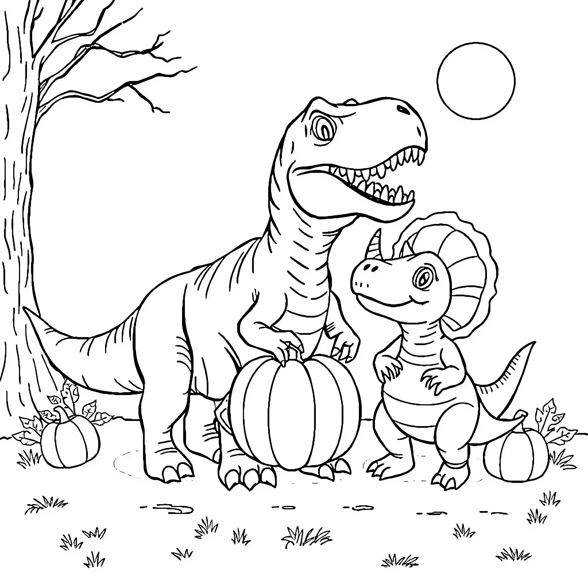 Dinosaurs Playing with Pumpkins in the Woods Coloring Page (free black-and-white line drawing printable PDF for all, from beginners to advanced learners, including children, teens, adults, and seniors)