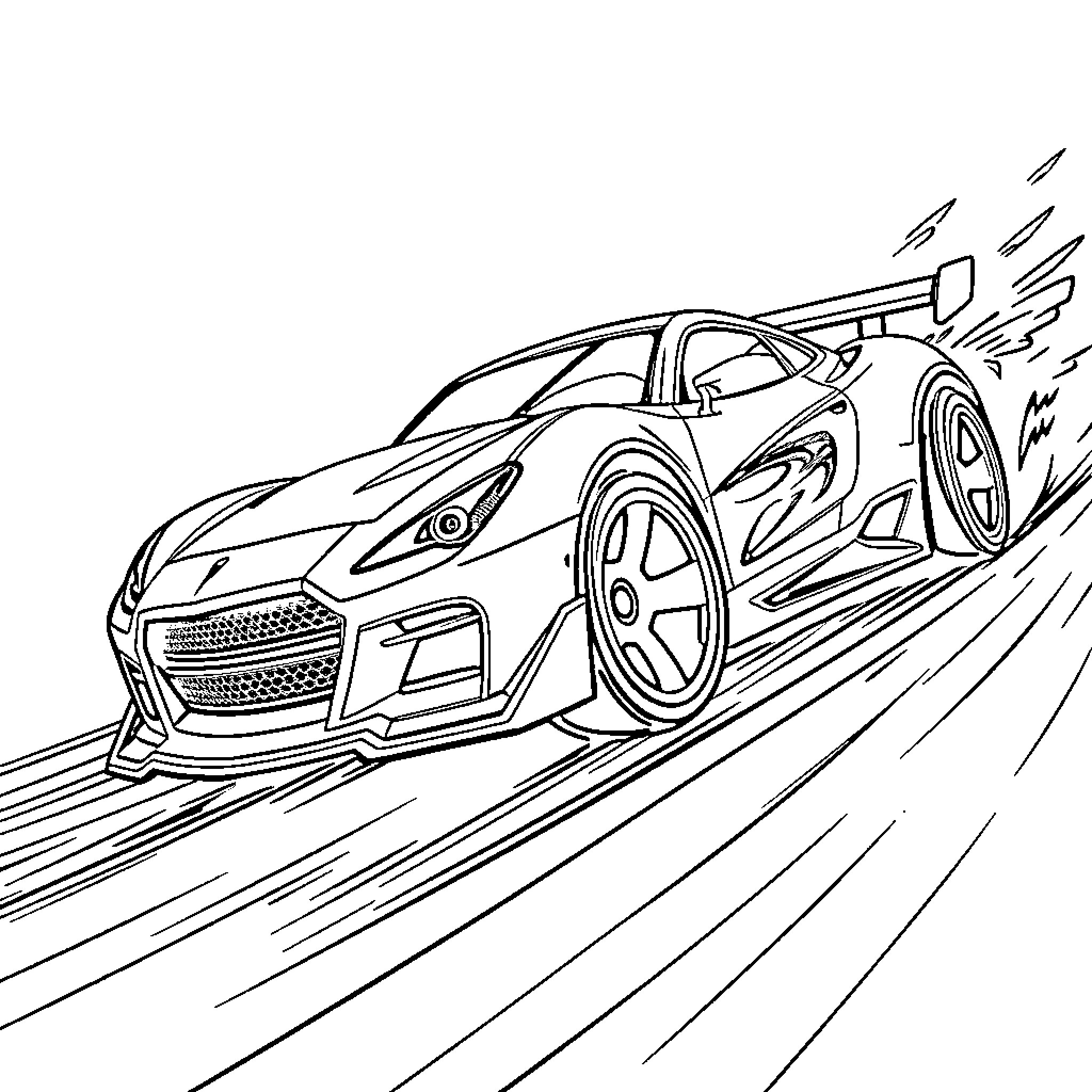 Hot Wheel race car speeding on the track Coloring Page (free black-and-white line drawing printable PDF for all, from beginners to advanced learners, including children, teens, adults, and seniors)