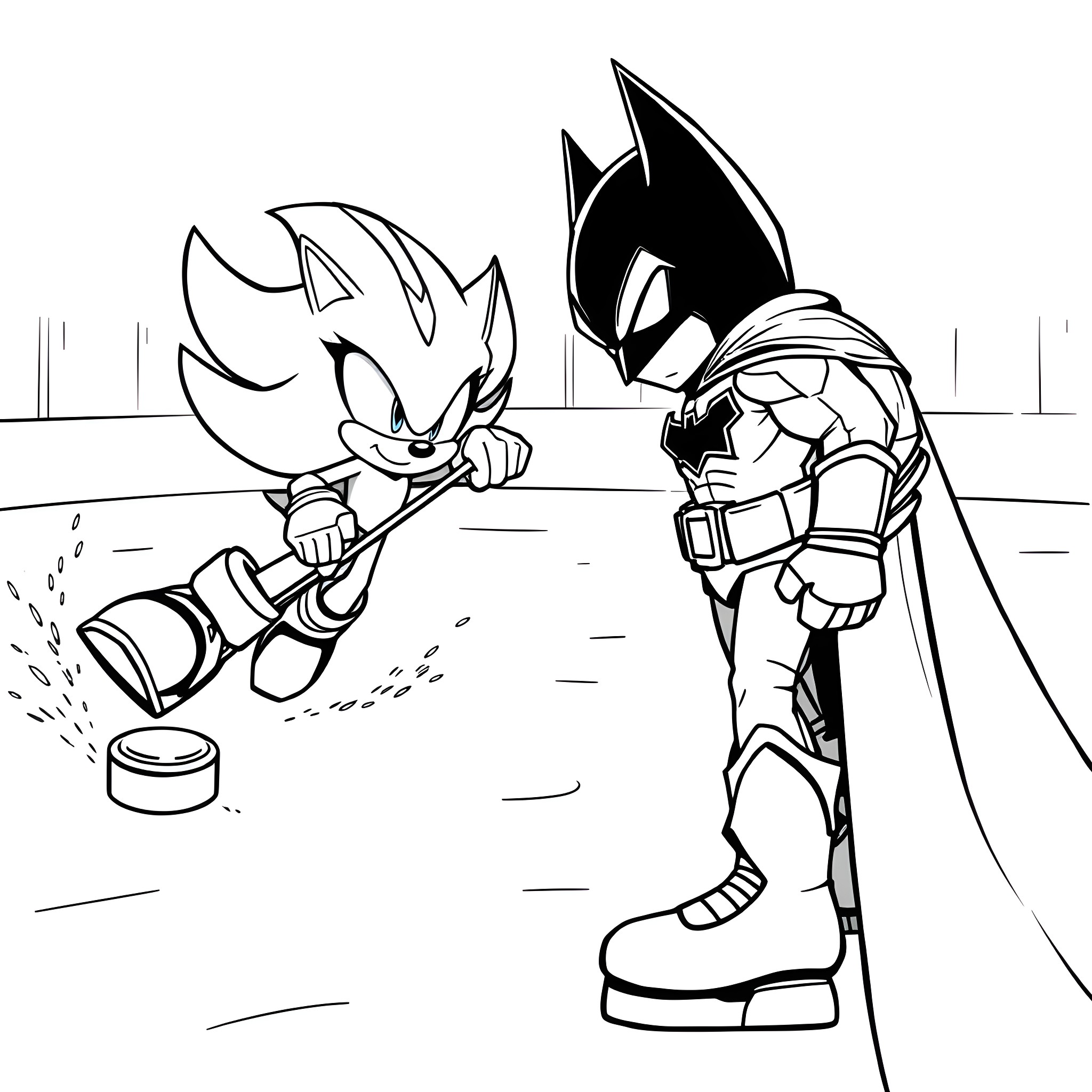 Sonic and superhero playing on the field Coloring Page (free black-and-white line drawing printable PDF for all, from beginners to advanced learners, including children, teens, adults, and seniors)