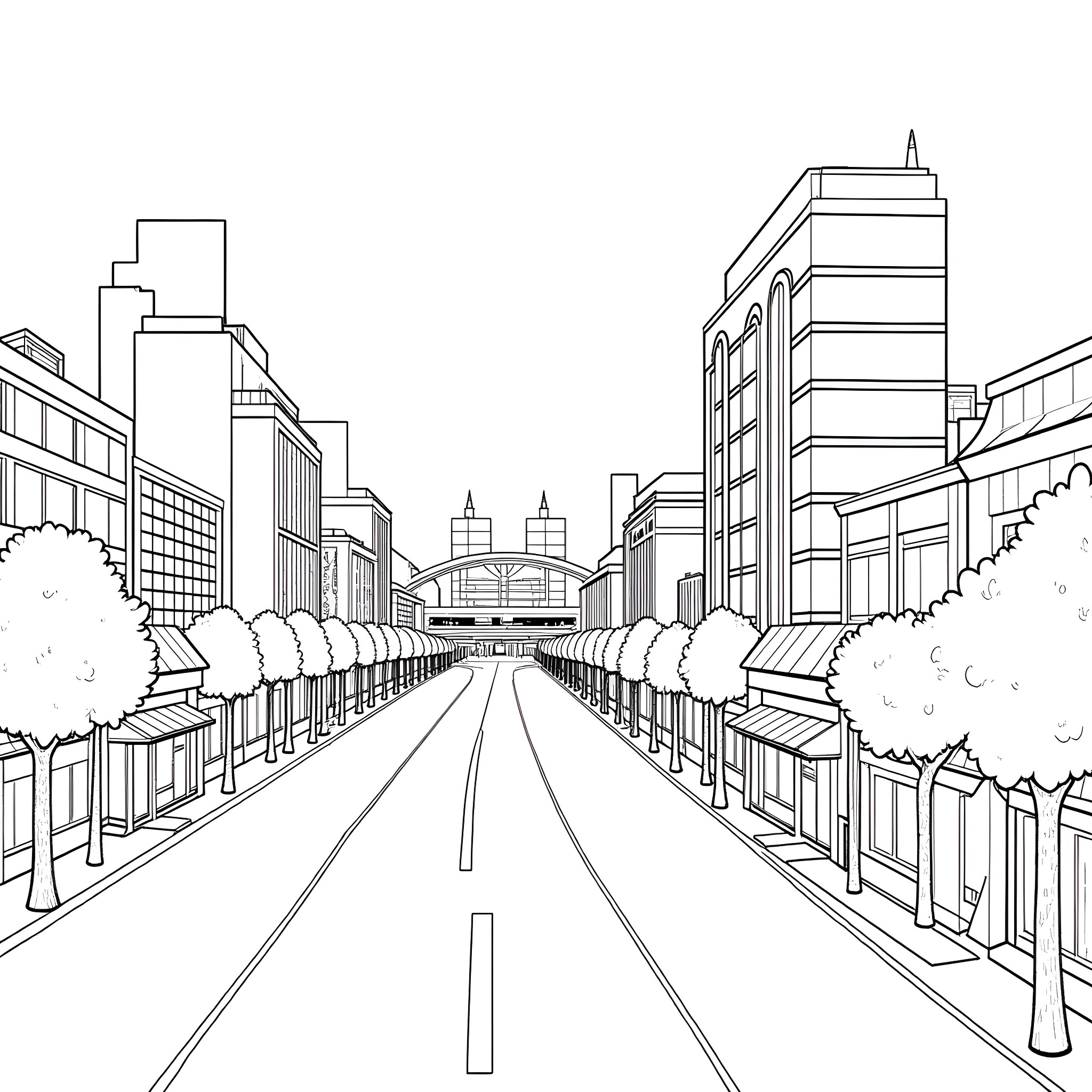 Tokyo cityscape with modern buildings and transportation Coloring Page (free black-and-white line drawing printable PDF for all, from beginners to advanced learners, including children, teens, adults, and seniors)
