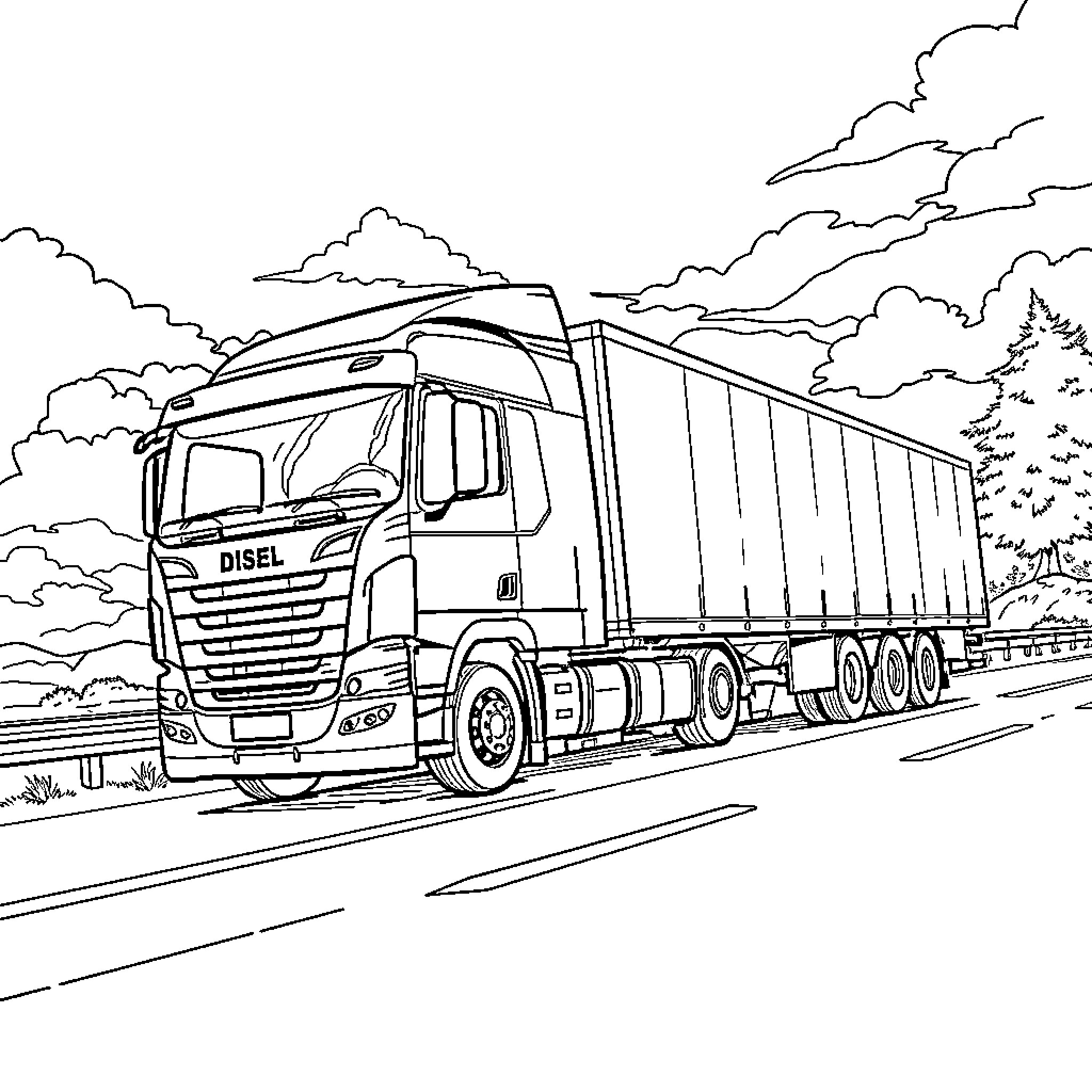 Truck hauling cargo on scenic highway Coloring Page (free black-and-white line drawing printable PDF for all, from beginners to advanced learners, including children, teens, adults, and seniors)