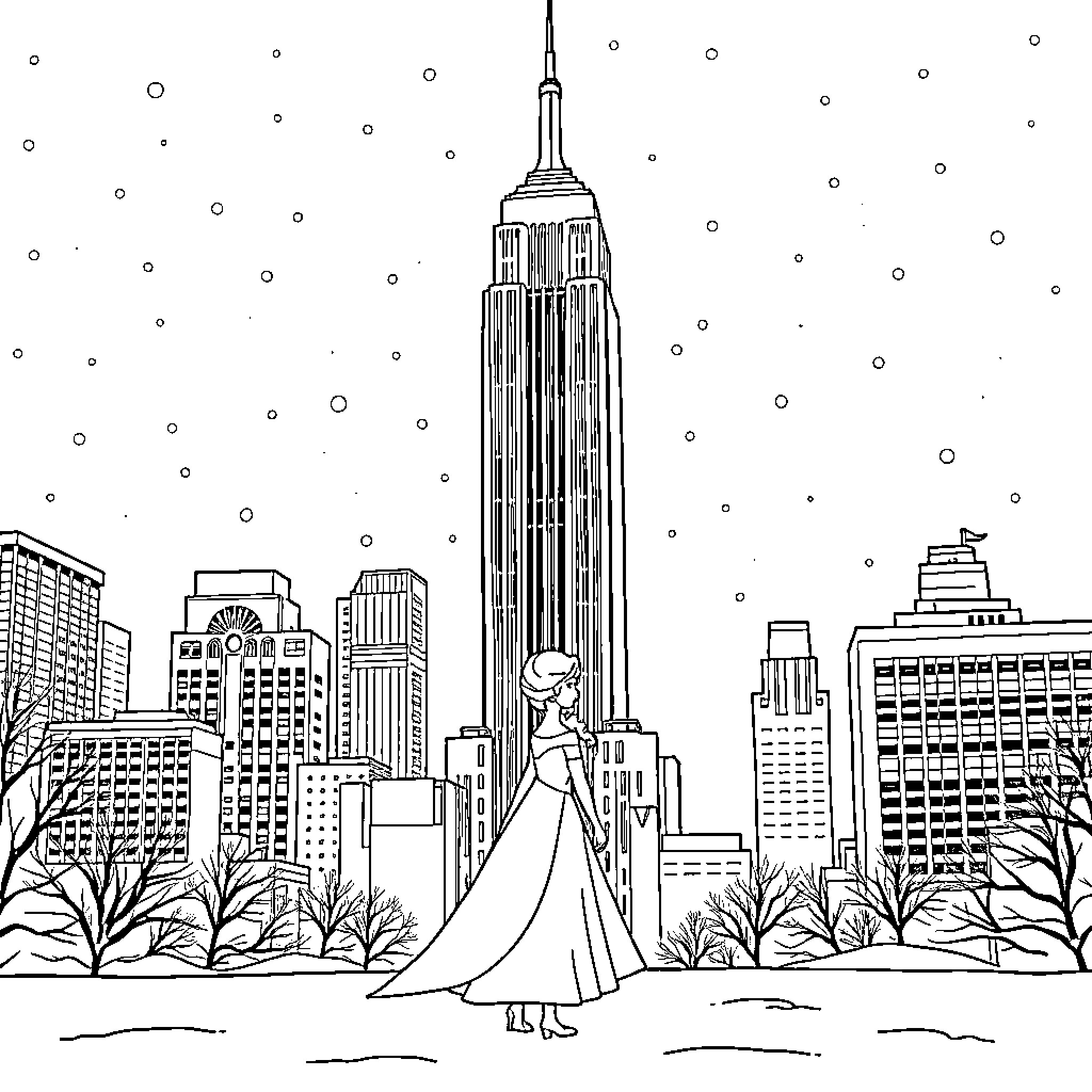 Elsa admiring the New York City skyline Coloring Page (free black-and-white line drawing printable PDF for all, from beginners to advanced learners, including children, teens, adults, and seniors)