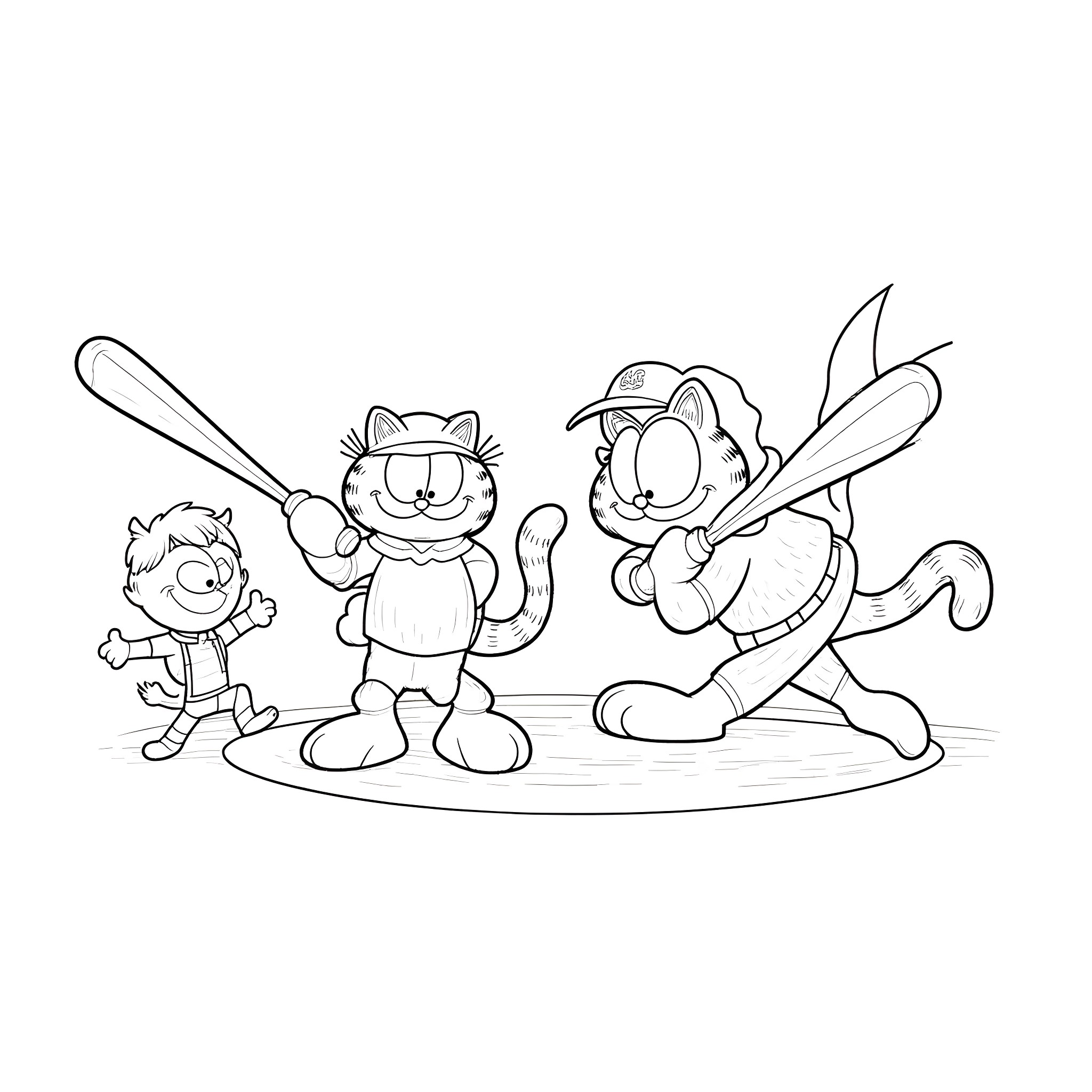 Garfield and friends playing baseball Coloring Page (free black-and-white line drawing printable PDF for all, from beginners to advanced learners, including children, teens, adults, and seniors)