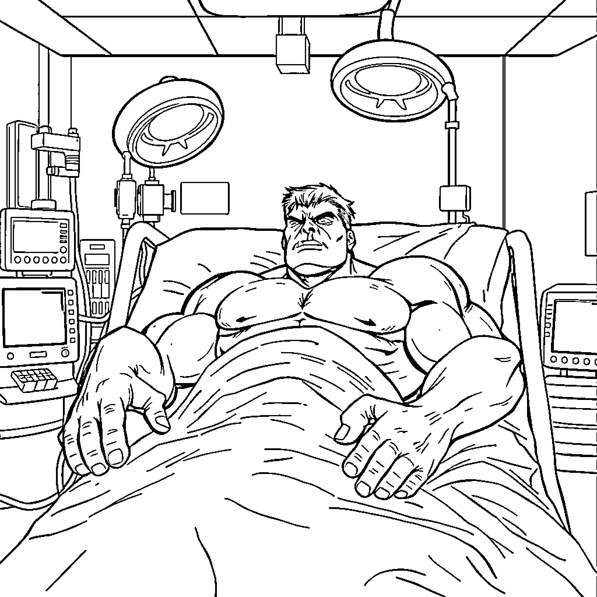Hulk resting in hospital bed after intense battle Coloring Page (free black-and-white line drawing printable PDF for all, from beginners to advanced learners, including children, teens, adults, and seniors)