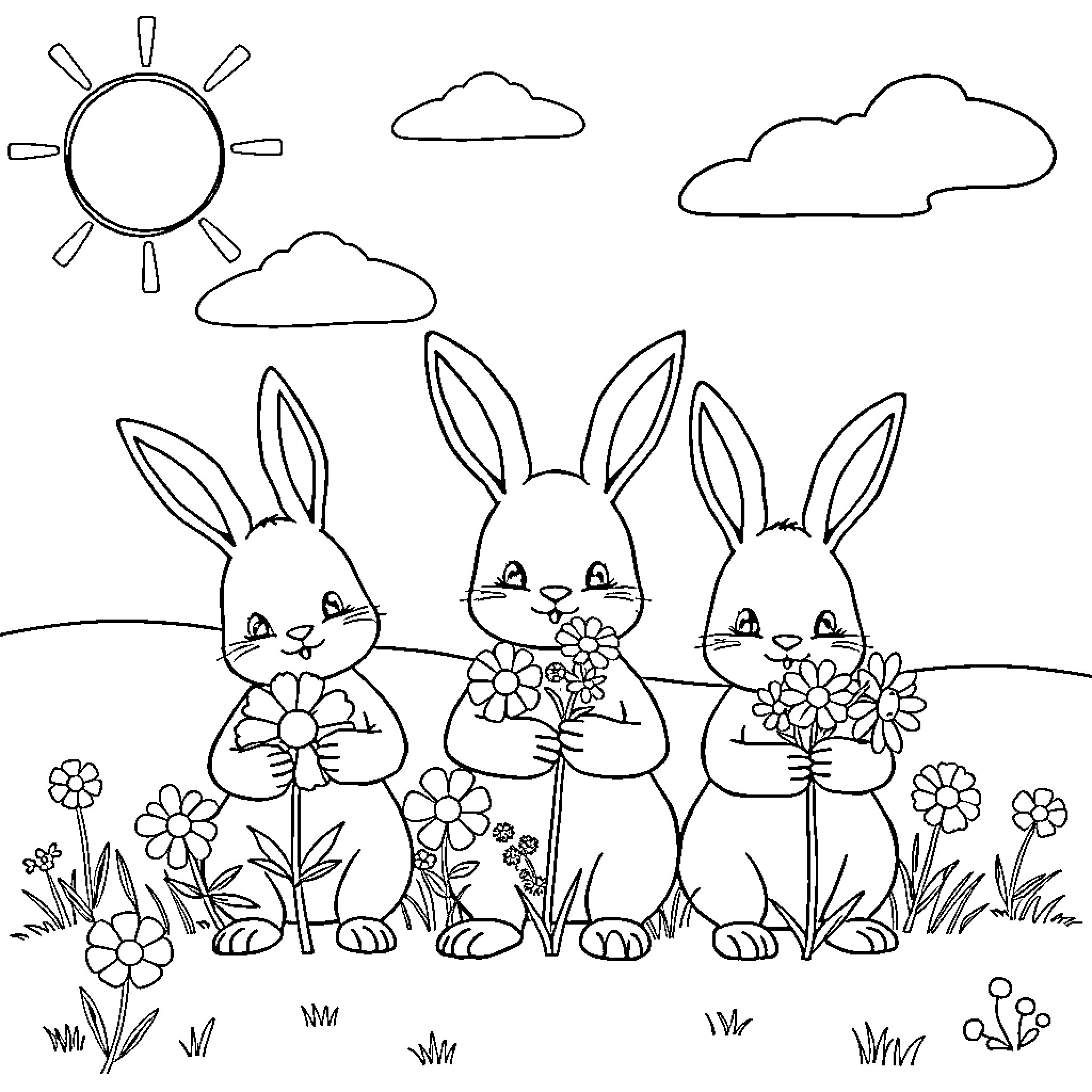 Bunny Trio Enjoying Flowers in Meadow Coloring Page (free black-and-white line drawing printable PDF for all, from beginners to advanced learners, including children, teens, adults, and seniors)