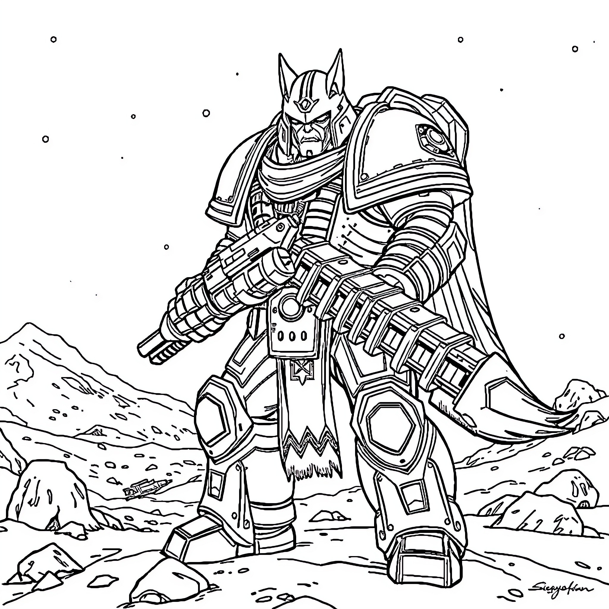 Wolf Warrior in Futuristic Armor Standing in Rugged Landscape Coloring Page (free black-and-white line drawing printable PDF for all, from beginners to advanced learners, including children, teens, adults, and seniors)