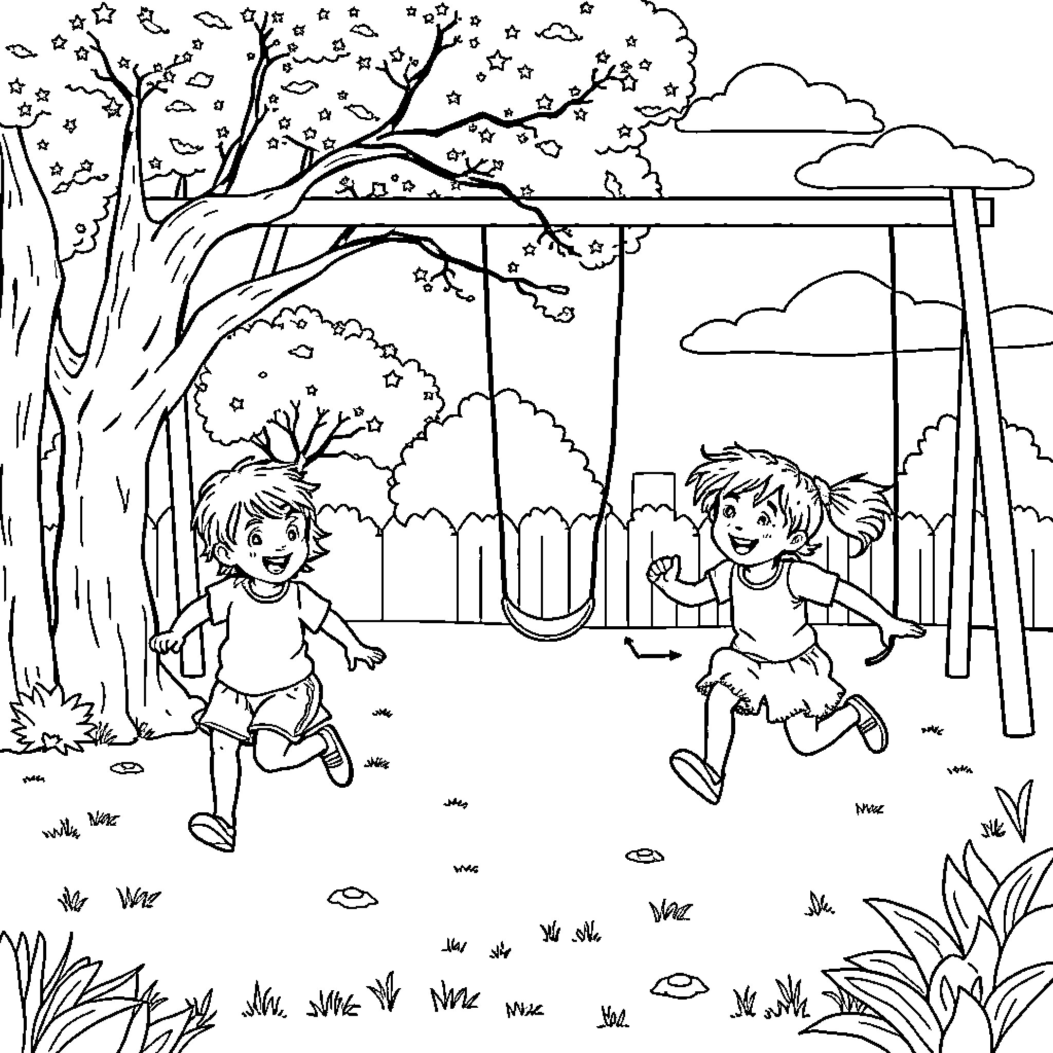 Kids playing joyfully on the swings Coloring Page (free black-and-white line drawing printable PDF for all, from beginners to advanced learners, including children, teens, adults, and seniors)