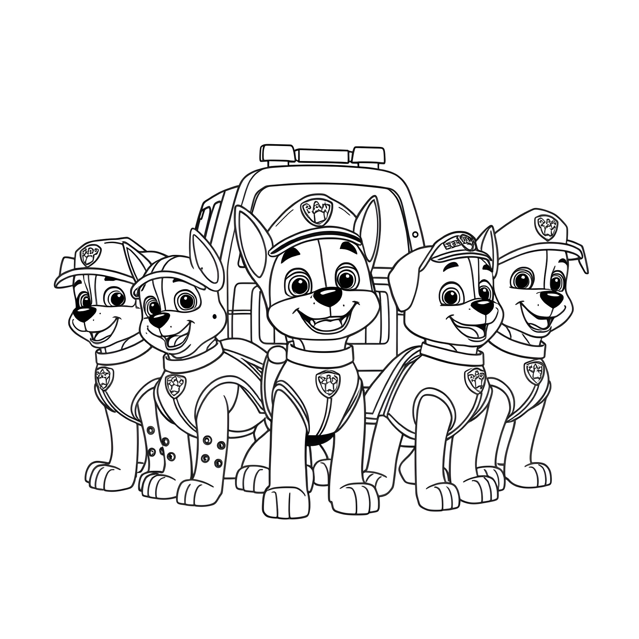 Paw Patrol characters in action poses Coloring Page (free black-and-white line drawing printable PDF for all, from beginners to advanced learners, including children, teens, adults, and seniors)