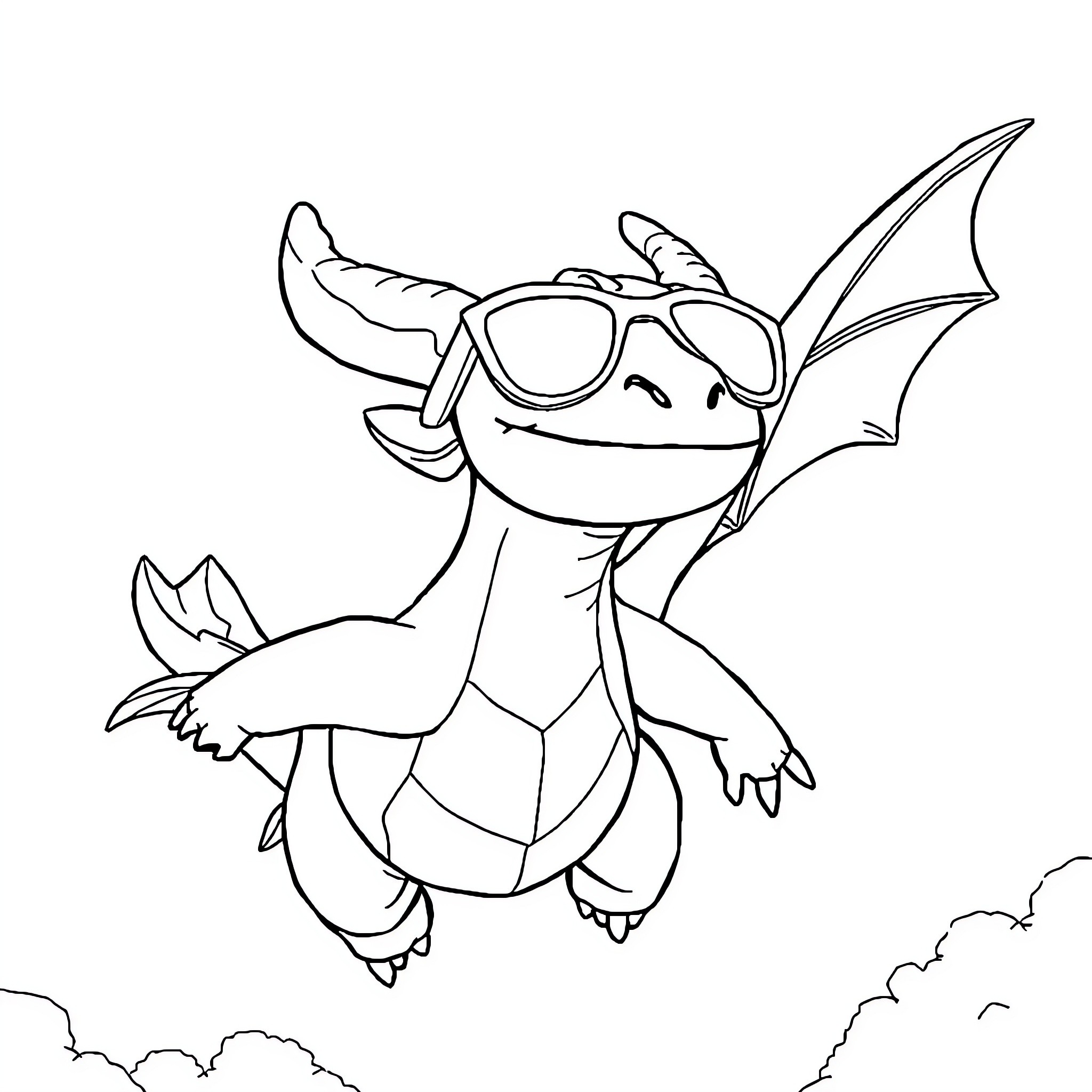 Toothless the dragon flying in the sky Coloring Page (free black-and-white line drawing printable PDF for all, from beginners to advanced learners, including children, teens, adults, and seniors)