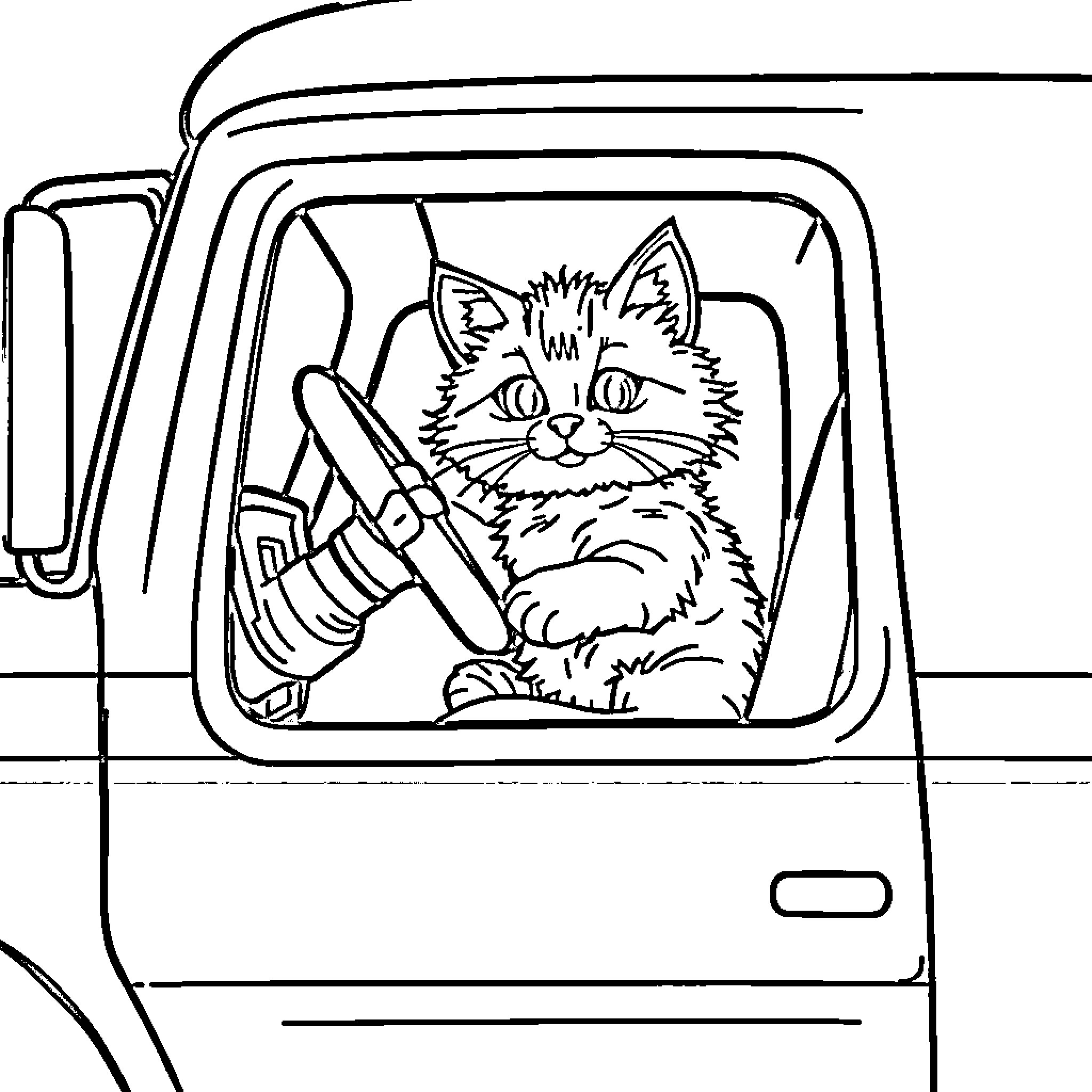 Cat driving a vehicle Coloring Page (free black-and-white line drawing printable PDF for all, from beginners to advanced learners, including children, teens, adults, and seniors)