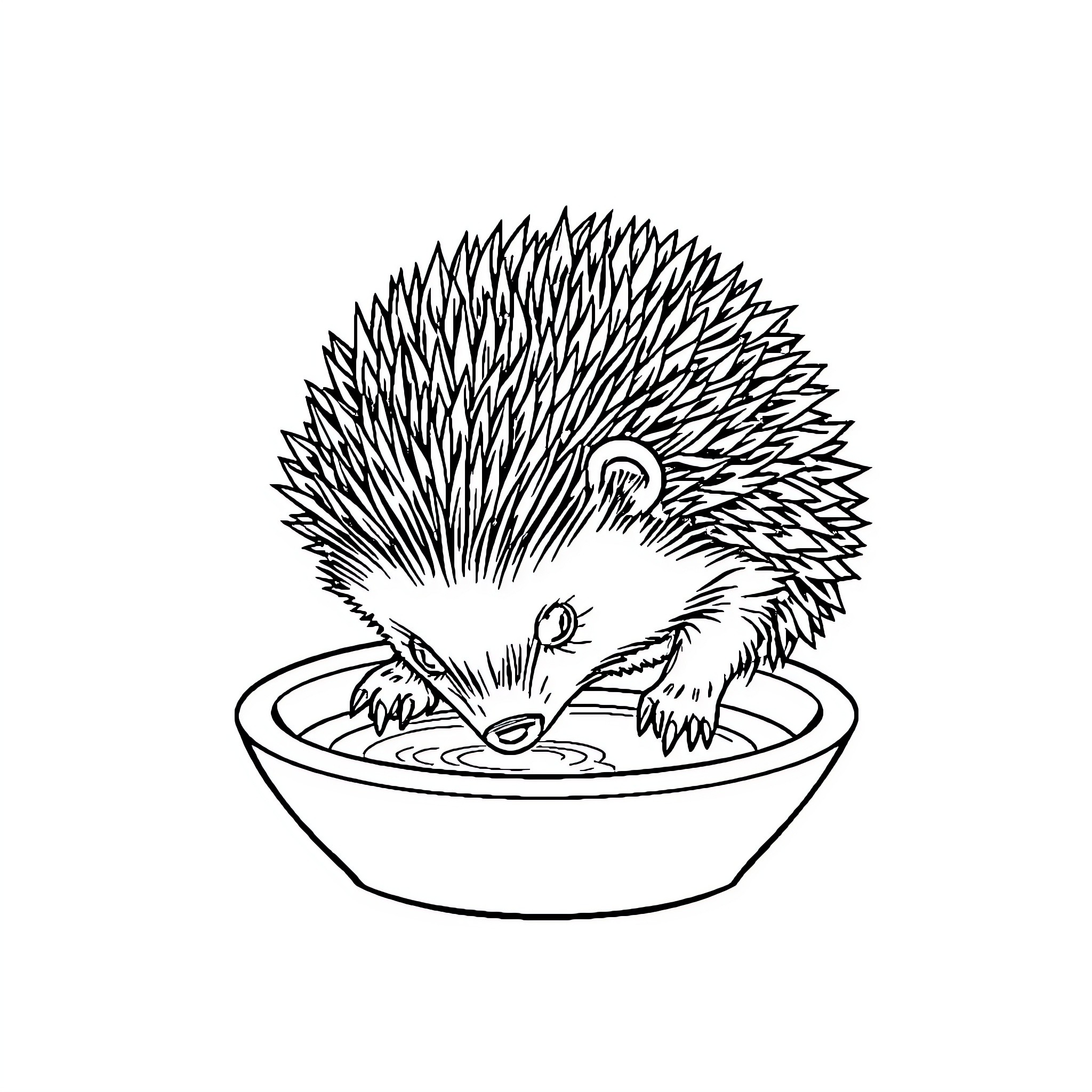 Hedgehog enjoying a cozy bath Coloring Page (free black-and-white line drawing printable PDF for all, from beginners to advanced learners, including children, teens, adults, and seniors)
