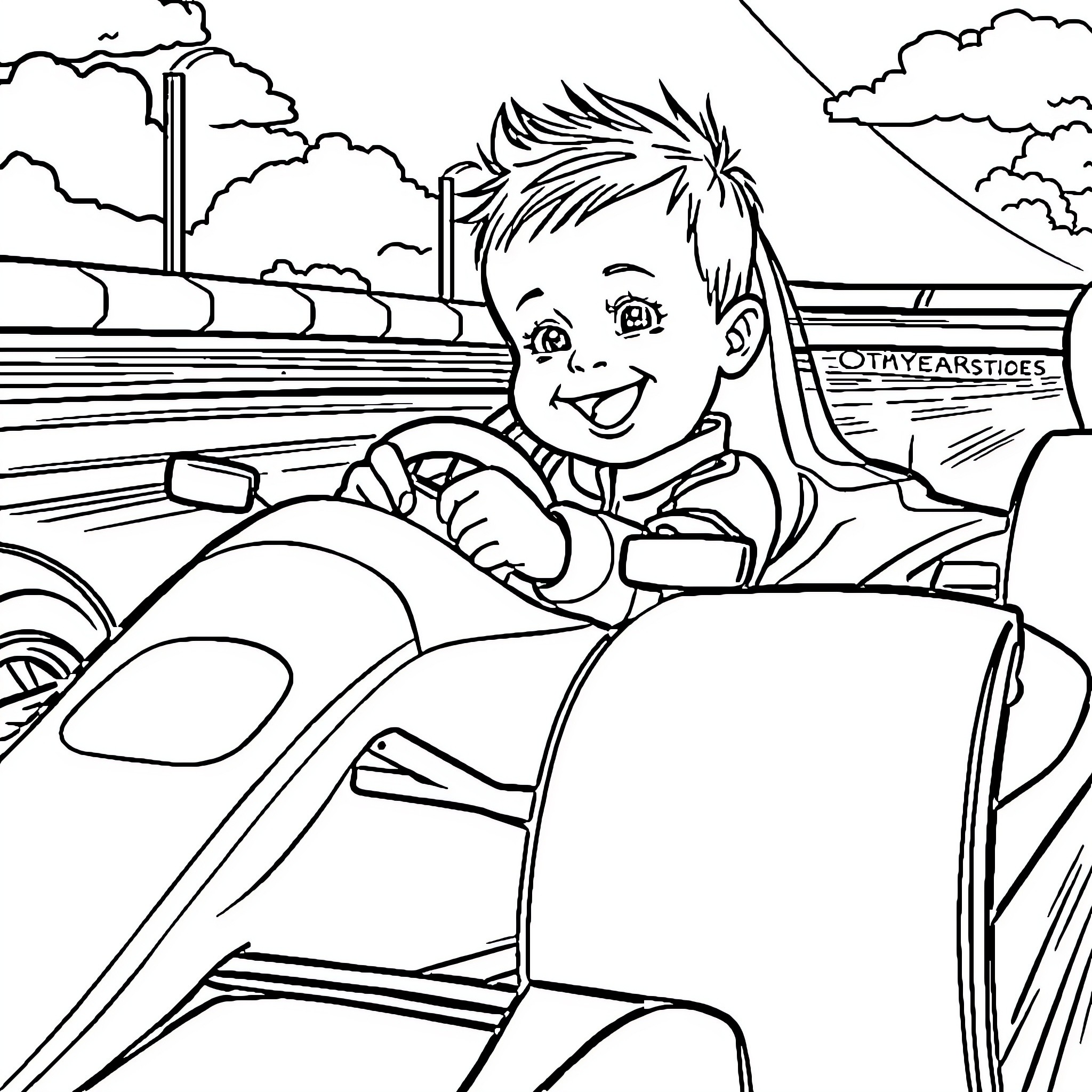 F1 Racecar with Young Driver on Race Track Coloring Page (free black-and-white line drawing printable PDF for all, from beginners to advanced learners, including children, teens, adults, and seniors)