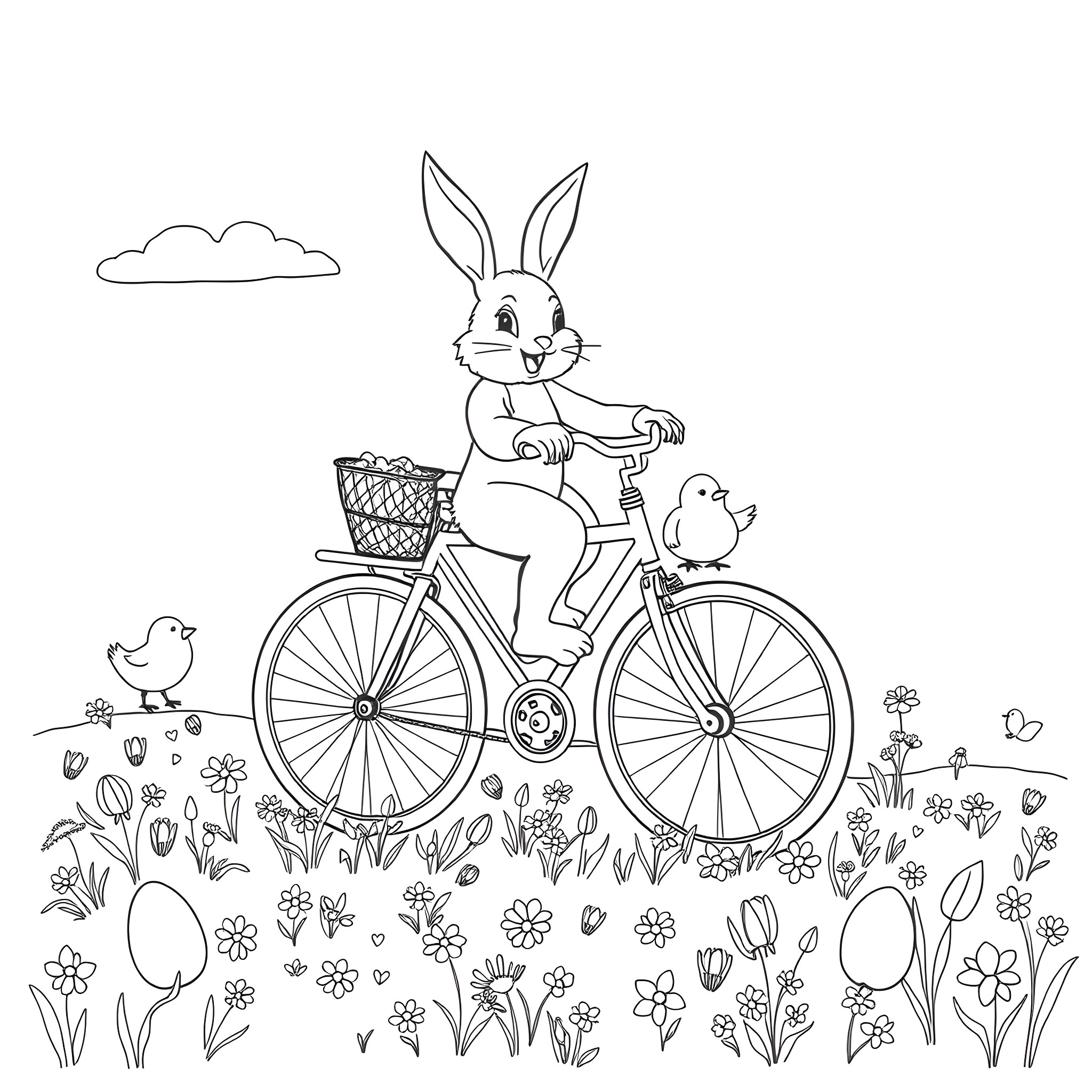 Easter Bunny riding a bicycle with chicks in the park Coloring Page (free black-and-white line drawing printable PDF for all, from beginners to advanced learners, including children, teens, adults, and seniors)