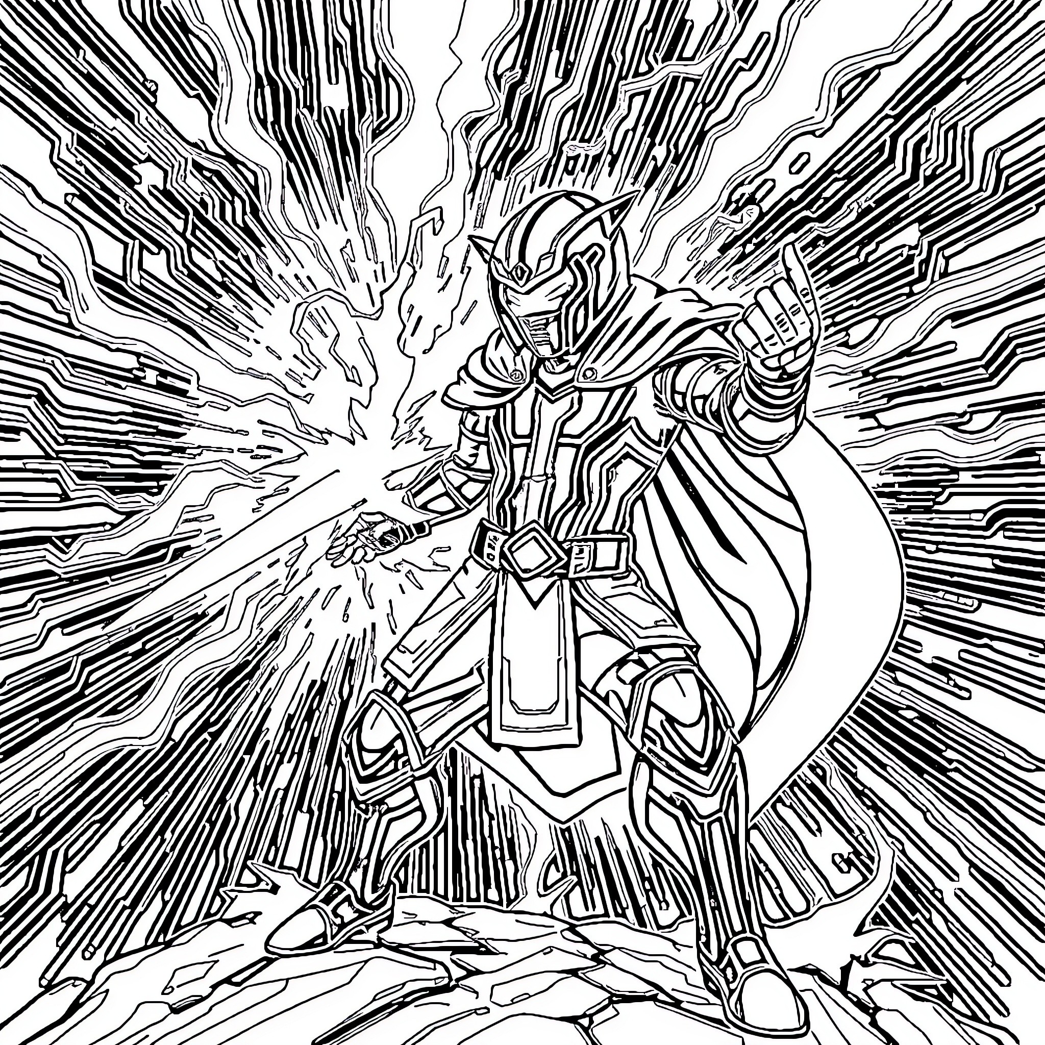 Tron: Warrior Unleashing Digital Energy Coloring Page (free black-and-white line drawing printable PDF for all, from beginners to advanced learners, including children, teens, adults, and seniors)