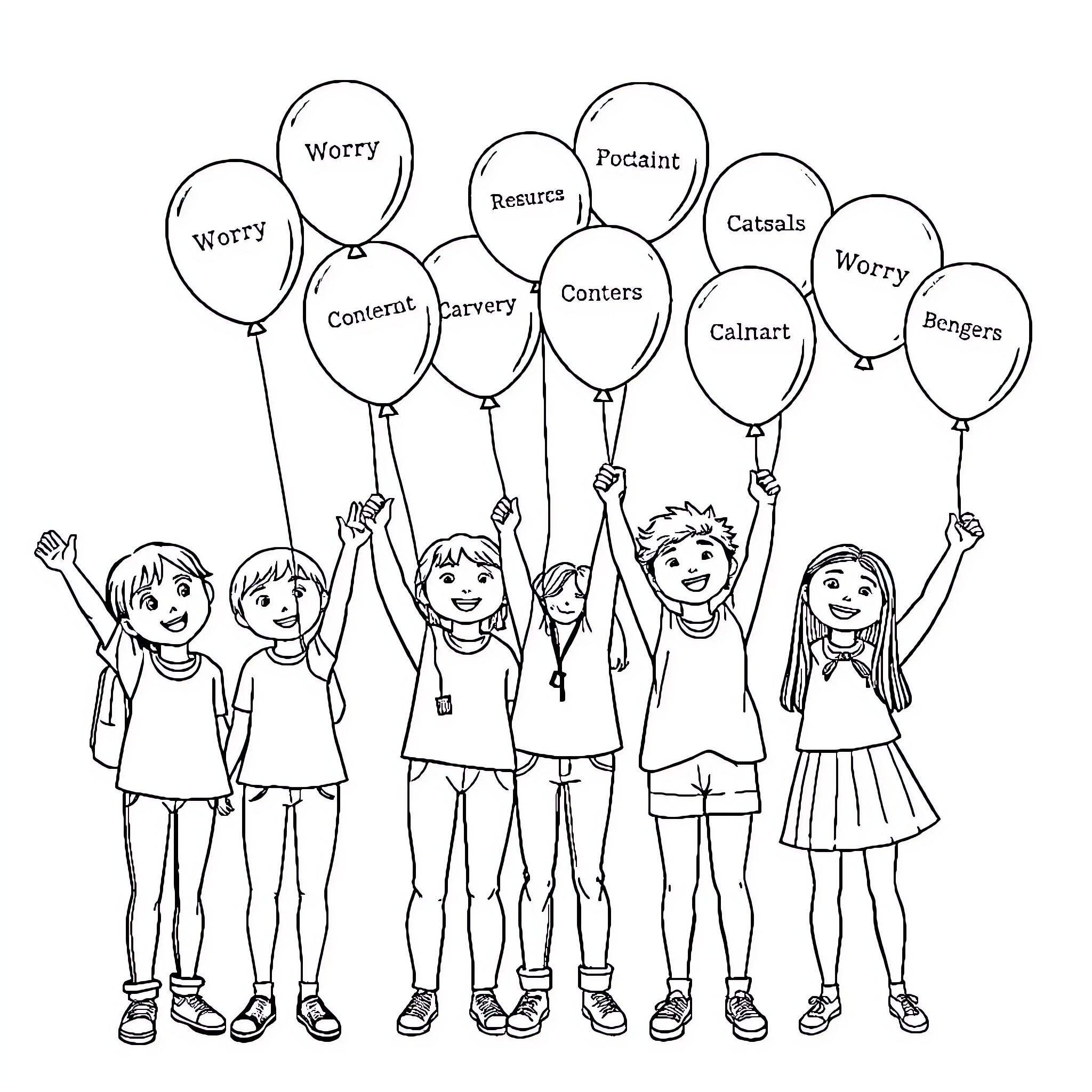 Students expressing emotions with balloons Coloring Page (free black-and-white line drawing printable PDF for all, from beginners to advanced learners, including children, teens, adults, and seniors)