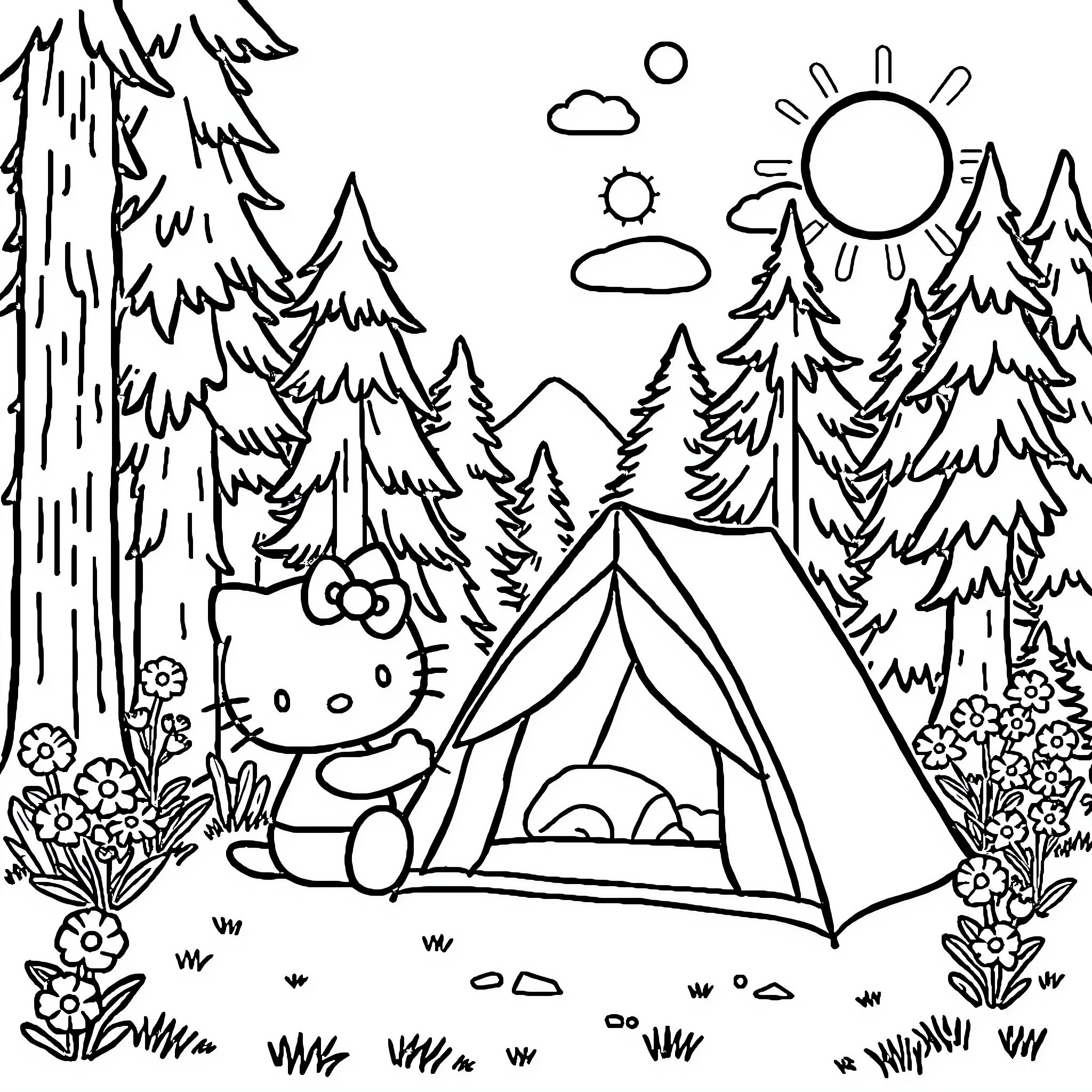 Hello Kitty Camping in the Wilderness Coloring Page (free black-and-white line drawing printable PDF for all, from beginners to advanced learners, including children, teens, adults, and seniors)
