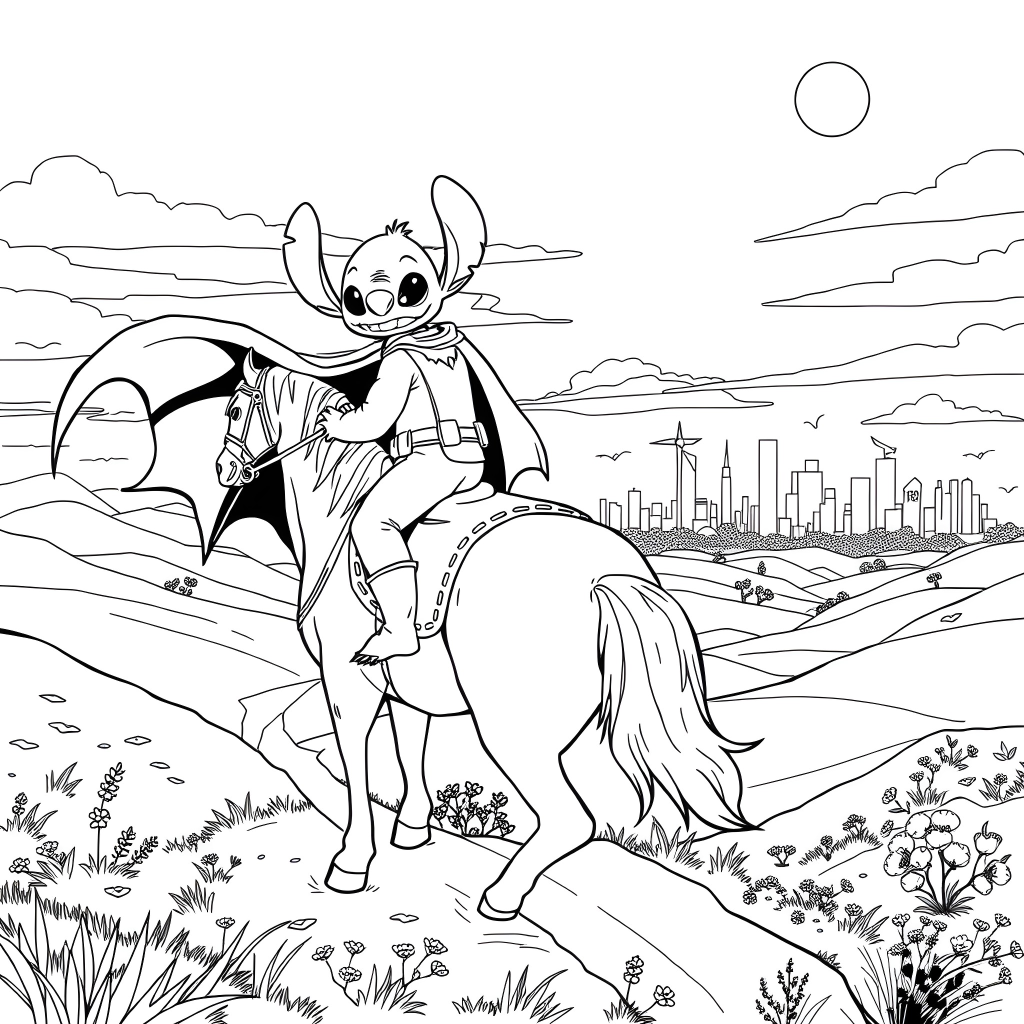 Stitch riding a horse through a countryside landscape Coloring Page (free black-and-white line drawing printable PDF for all, from beginners to advanced learners, including children, teens, adults, and seniors)
