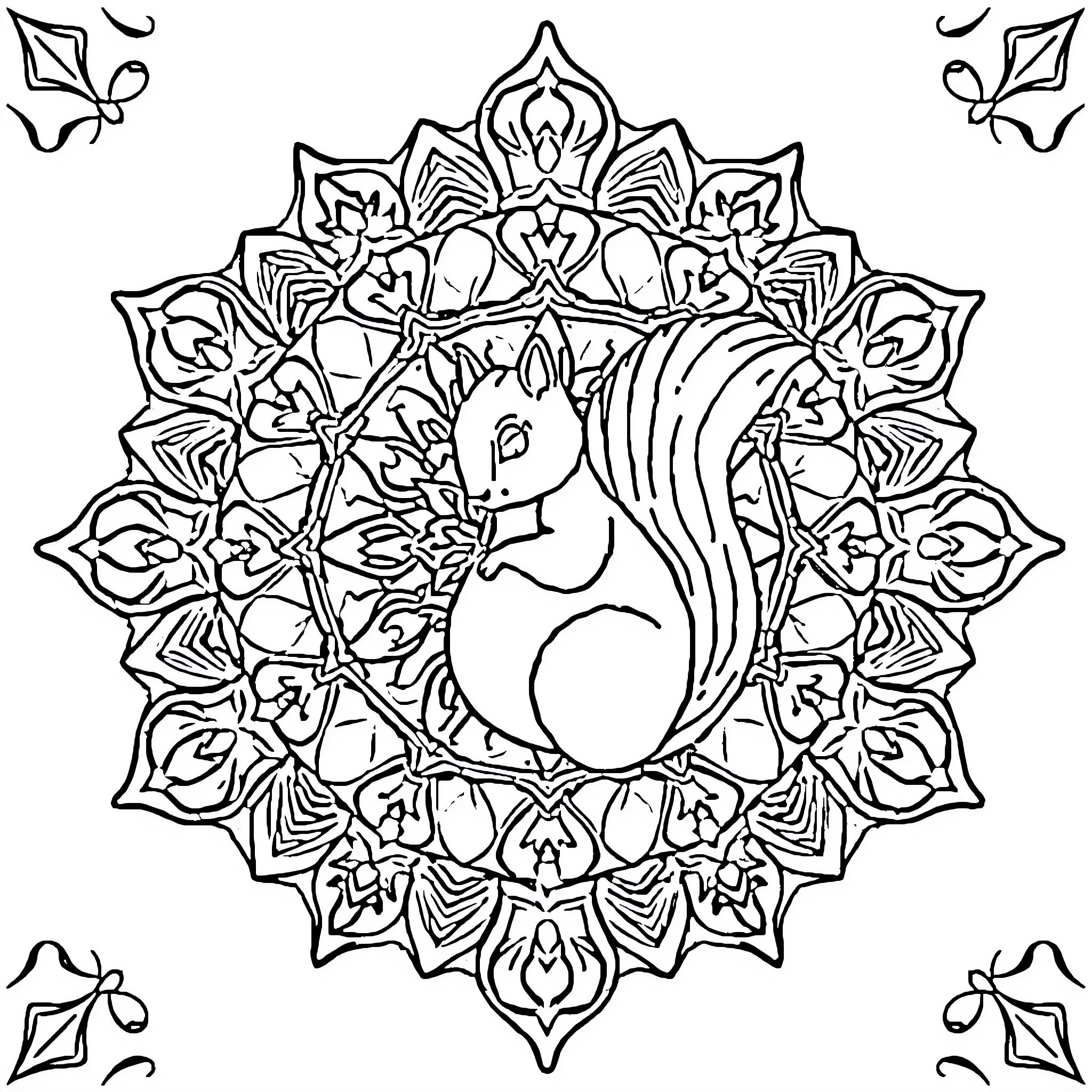 Squirrel in ornate floral mandala Coloring Page (free black-and-white line drawing printable PDF for all, from beginners to advanced learners, including children, teens, adults, and seniors)