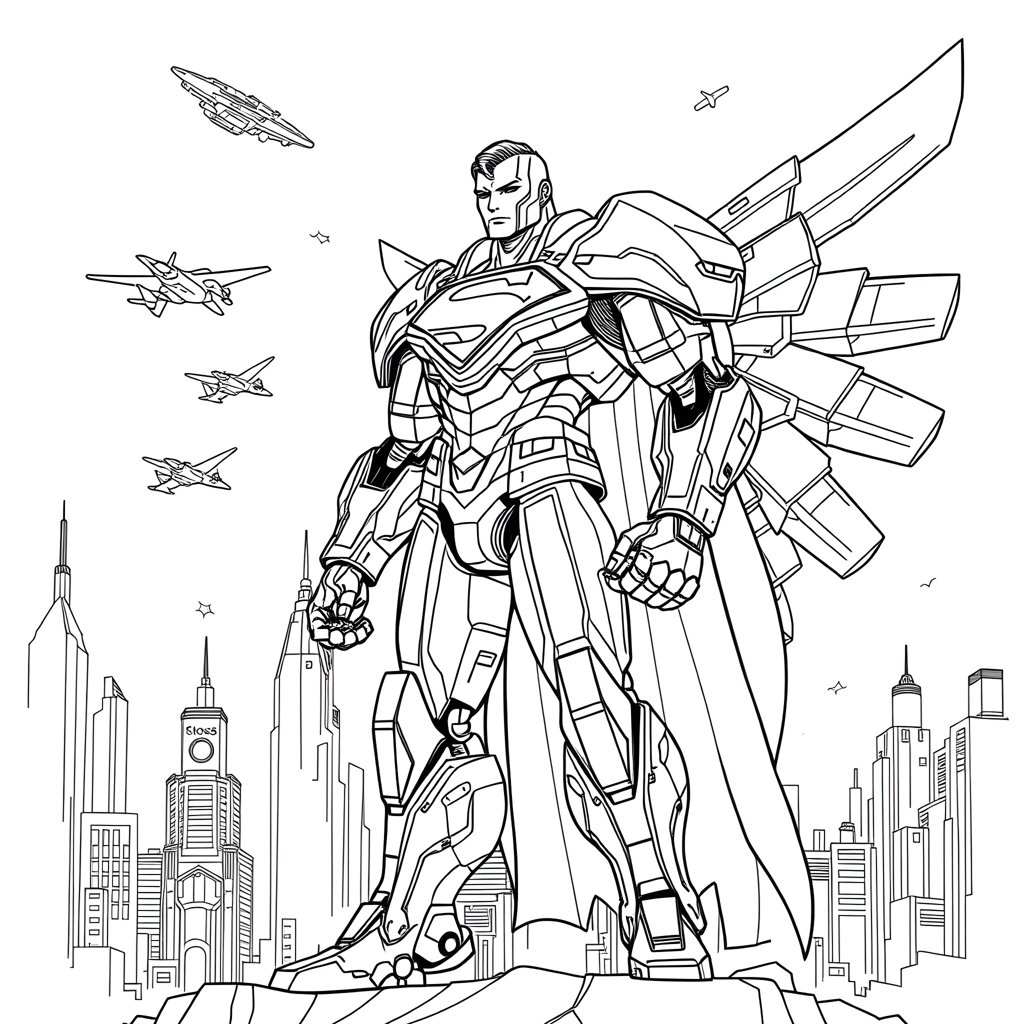 Mecha Superman taking heroic stance over city skyline Coloring Page (free black-and-white line drawing printable PDF for all, from beginners to advanced learners, including children, teens, adults, and seniors)