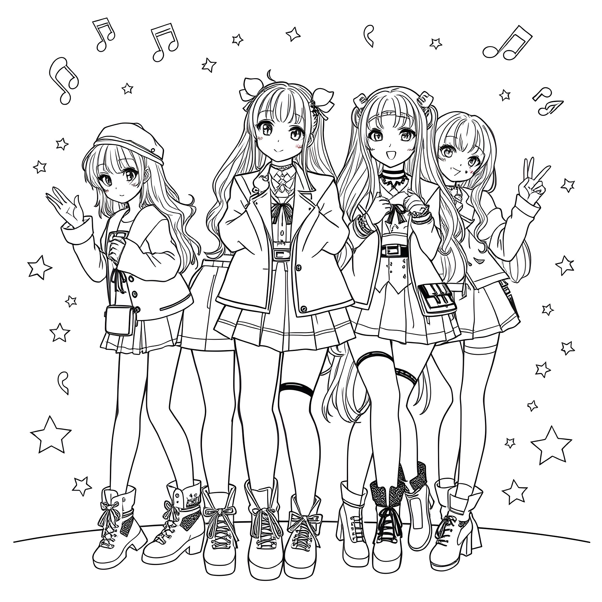 Anime Girls Performing Together with Music Notes Coloring Page (free black-and-white line drawing printable PDF for all, from beginners to advanced learners, including children, teens, adults, and seniors)