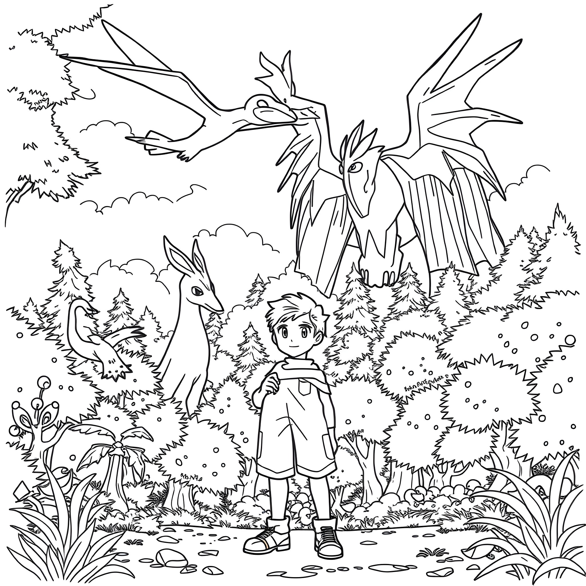 Boy exploring the fantastical forest with magical creatures Coloring Page (free black-and-white line drawing printable PDF for all, from beginners to advanced learners, including children, teens, adults, and seniors)