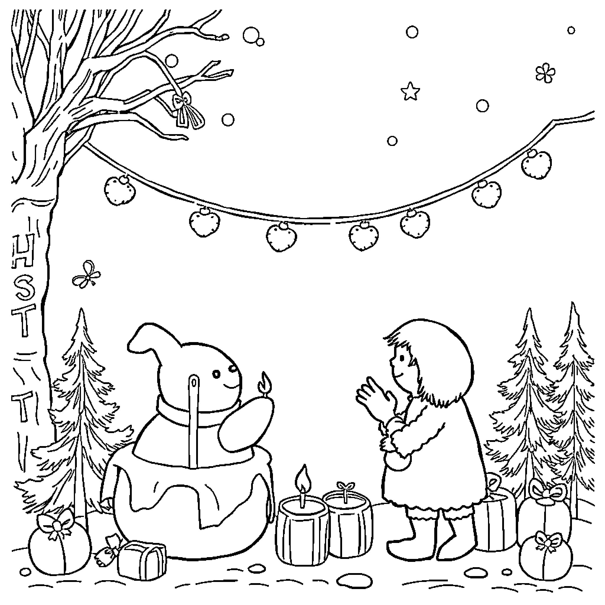 Party in the Winter Wonderland Coloring Page (free black-and-white line drawing printable PDF for all, from beginners to advanced learners, including children, teens, adults, and seniors)