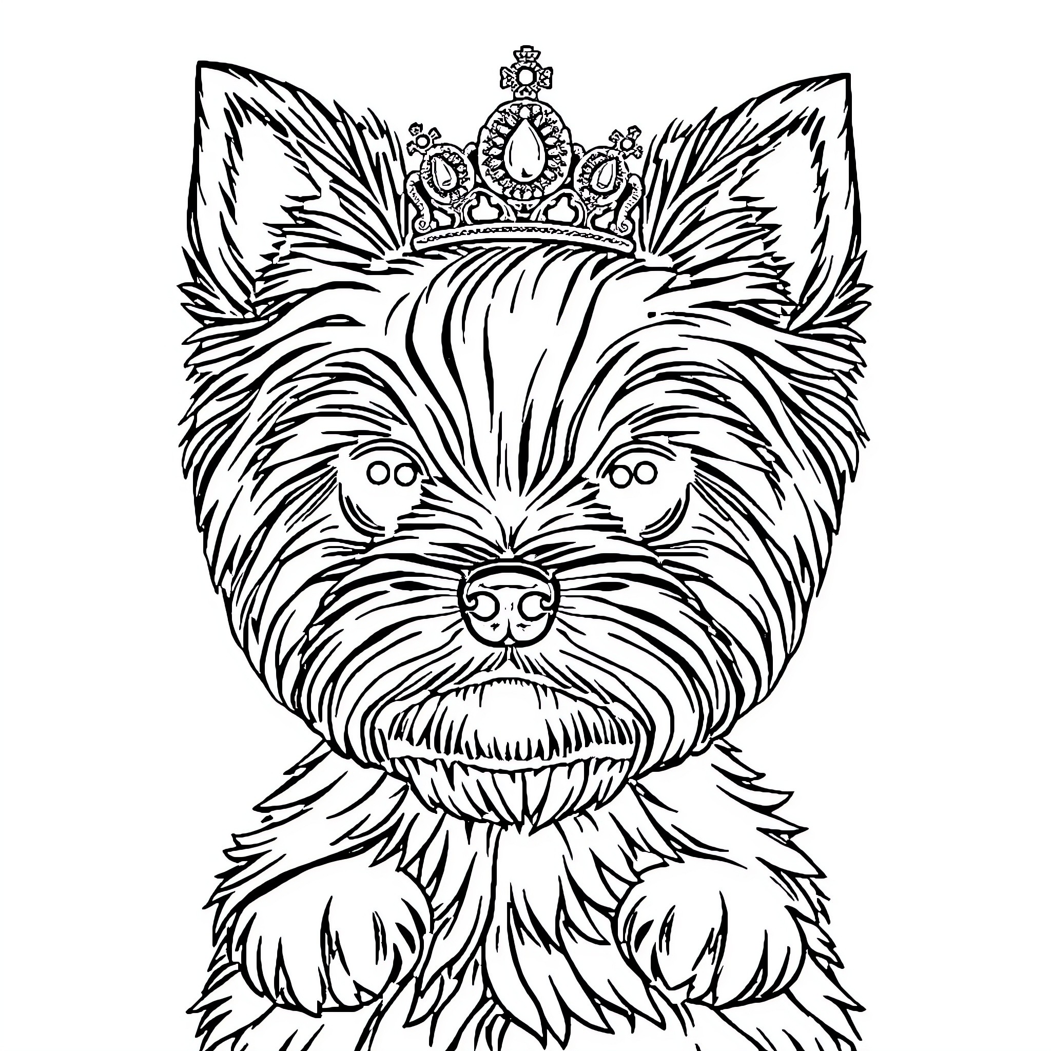 Yorkie Wearing a Regal Crown Coloring Page (free black-and-white line drawing printable PDF for all, from beginners to advanced learners, including children, teens, adults, and seniors)