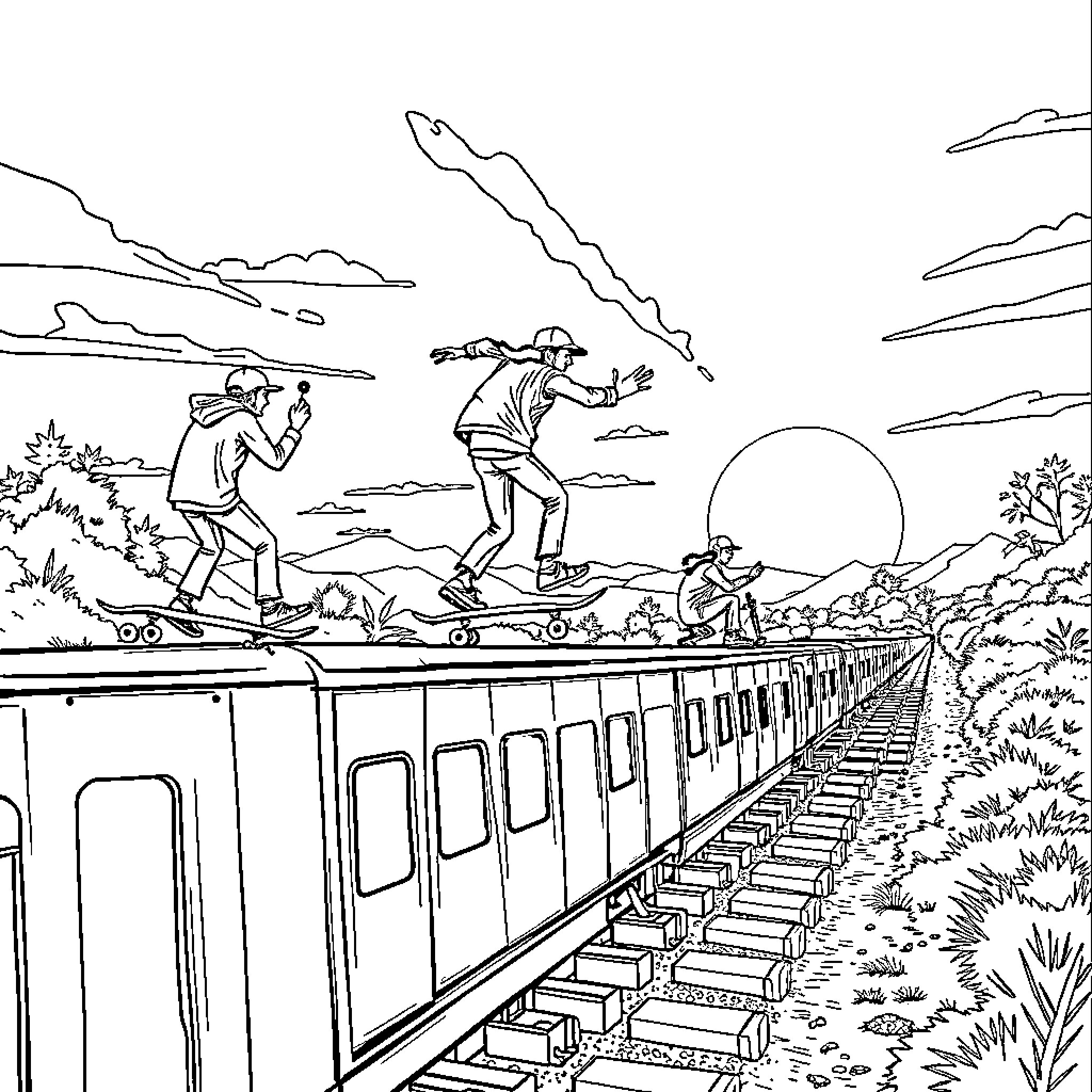 Skateboard stunts on railway tracks in scenic landscape Coloring Page (free black-and-white line drawing printable PDF for all, from beginners to advanced learners, including children, teens, adults, and seniors)