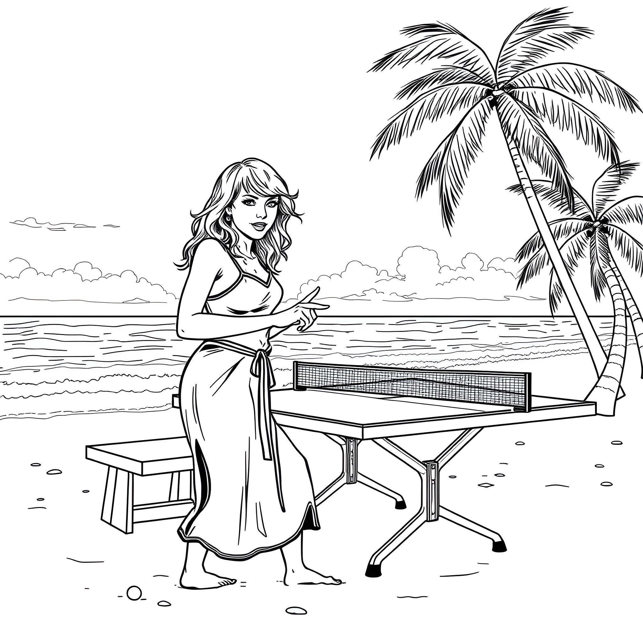 Taylor Swift performing by the beach with palm trees Coloring Page (free black-and-white line drawing printable PDF for all, from beginners to advanced learners, including children, teens, adults, and seniors)