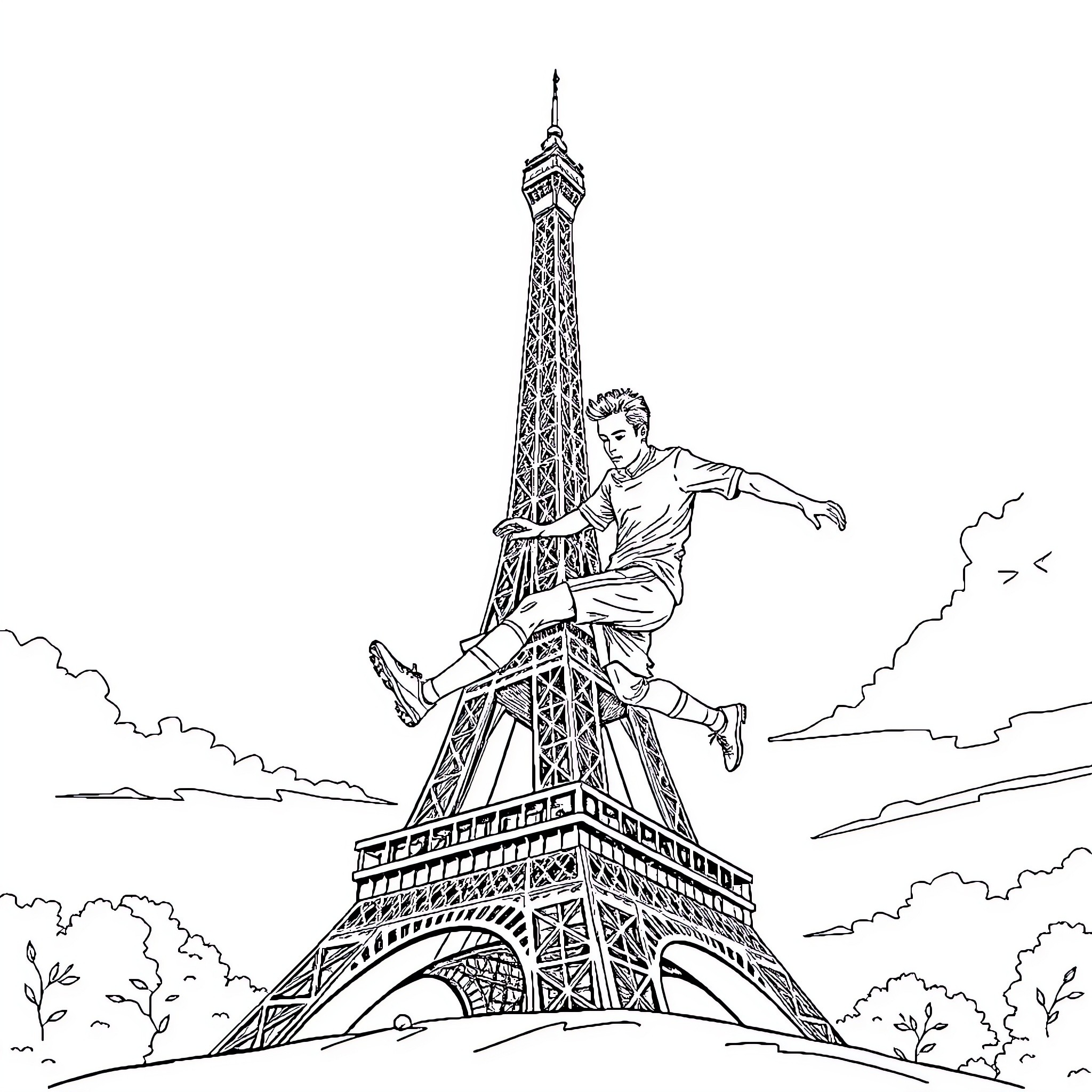 Foot Player climbing the Eiffel Tower Coloring Page (free black-and-white line drawing printable PDF for all, from beginners to advanced learners, including children, teens, adults, and seniors)