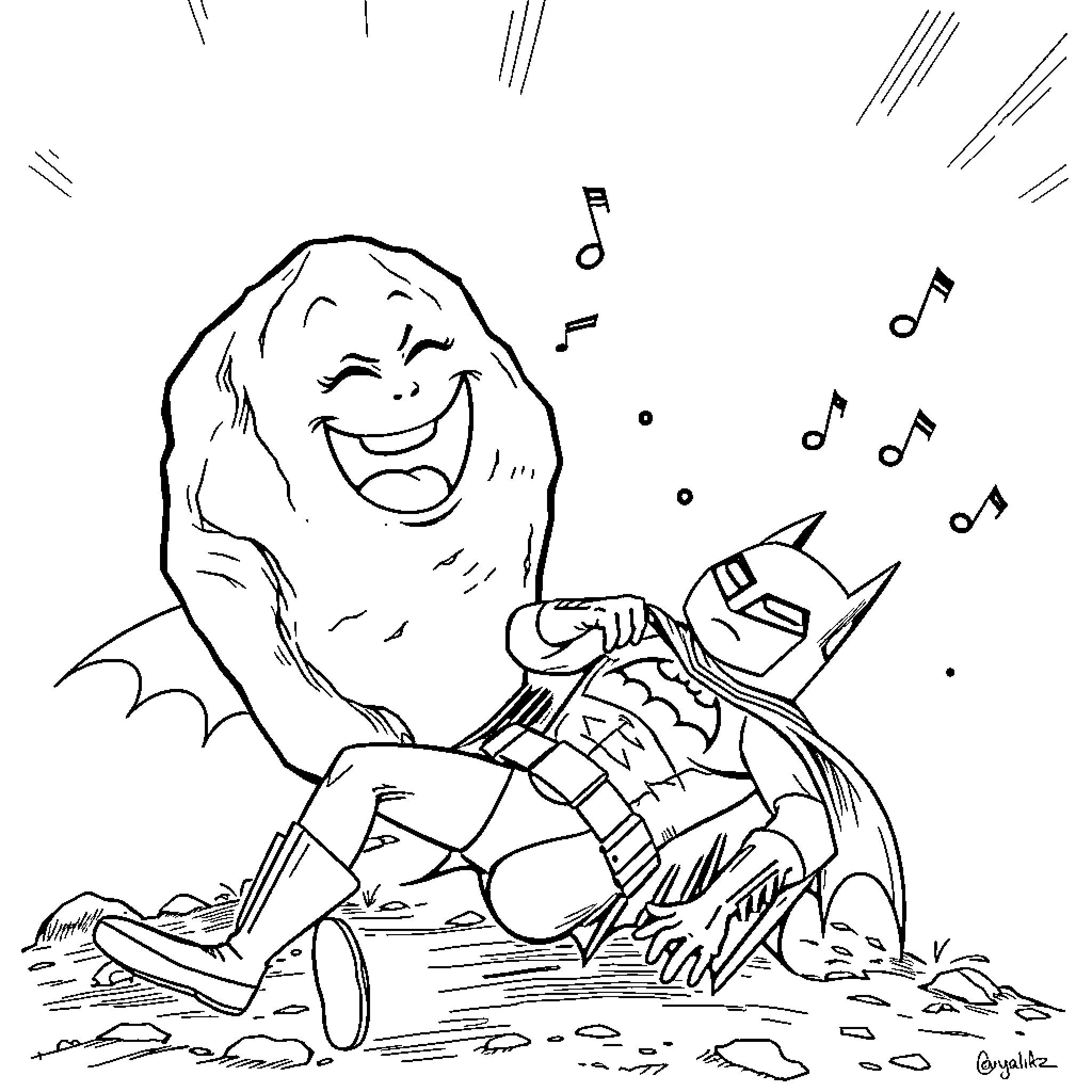 Rock Band Monsters Rocking Out in Nature Coloring Page (free black-and-white line drawing printable PDF for all, from beginners to advanced learners, including children, teens, adults, and seniors)