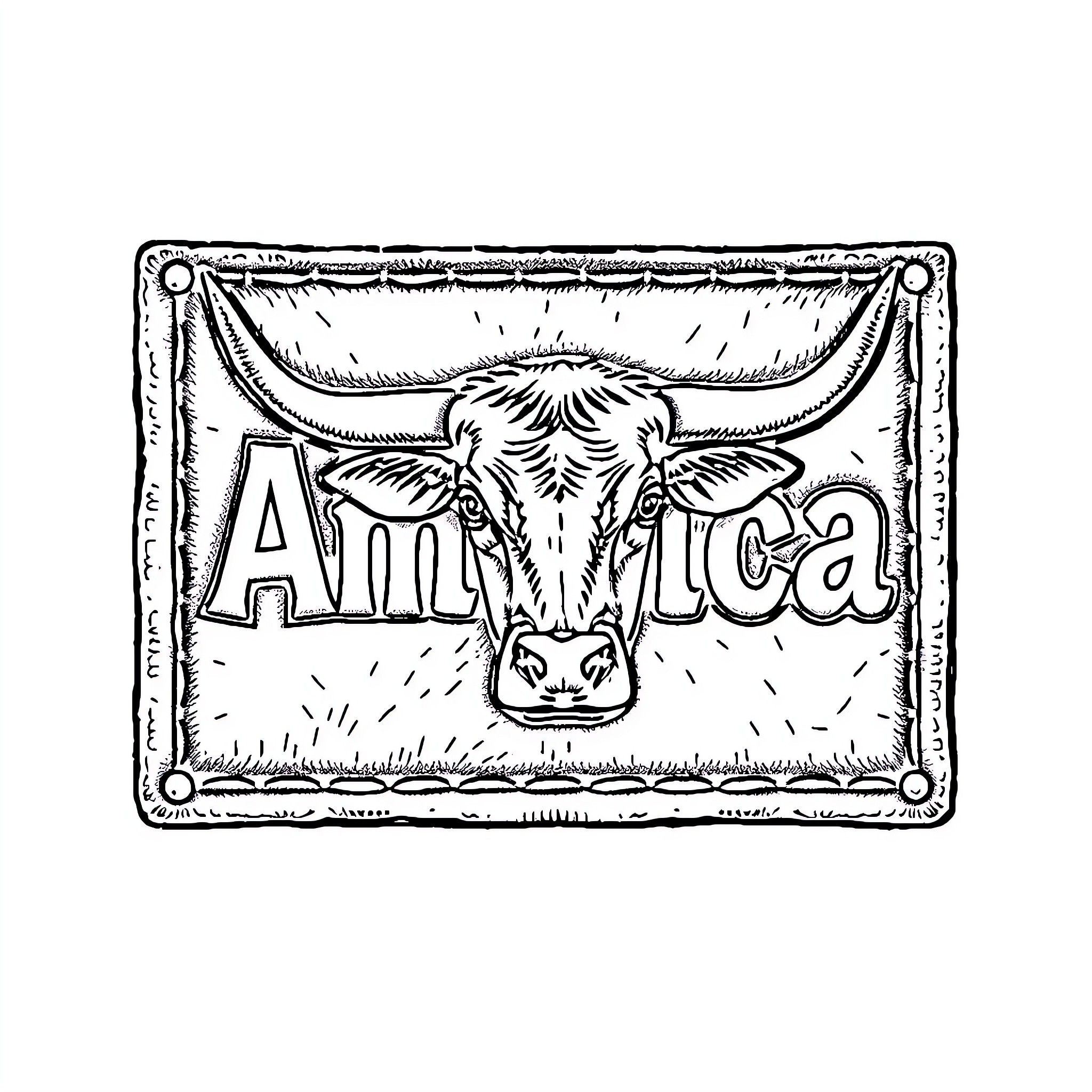 Square Emblem of Cattle Skull in Vintage Style Coloring Page (free black-and-white line drawing printable PDF for all, from beginners to advanced learners, including children, teens, adults, and seniors)