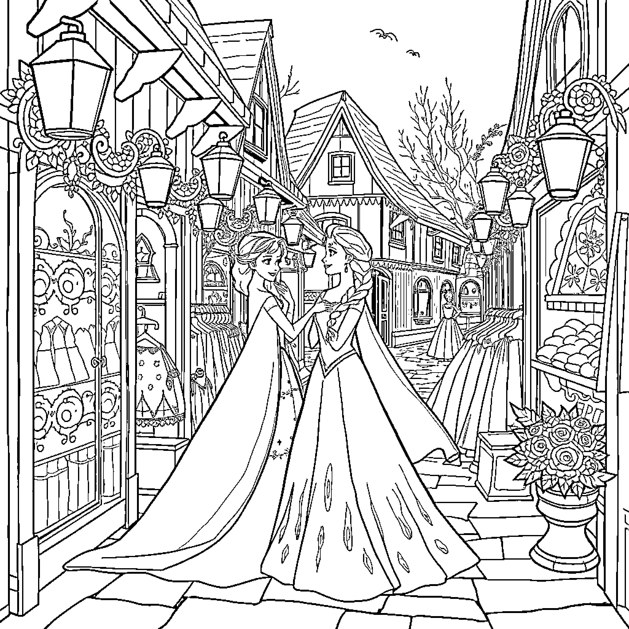 Elsa and Anna enjoying a romantic evening in a picturesque village Coloring Page (free black-and-white line drawing printable PDF for all, from beginners to advanced learners, including children, teens, adults, and seniors)