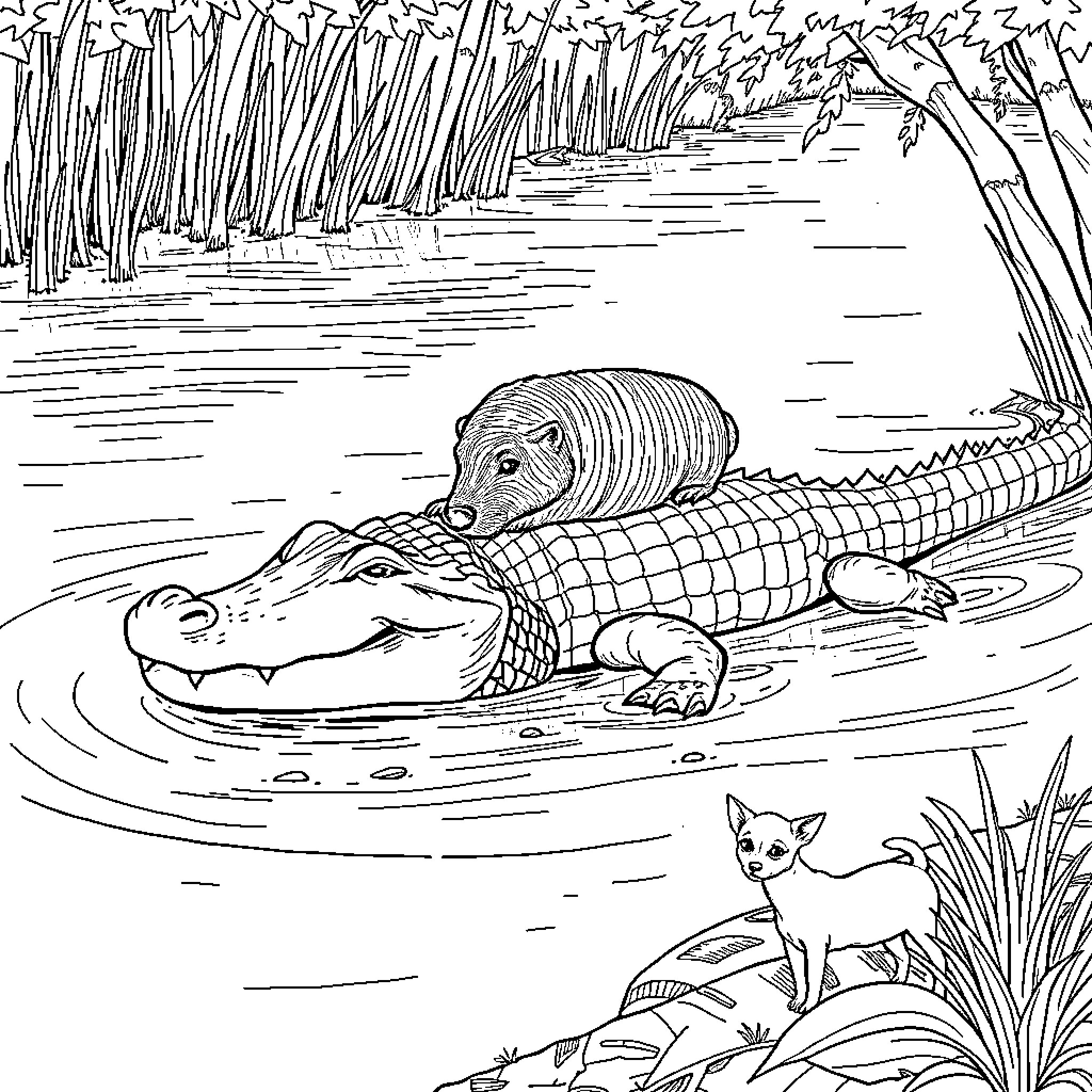 Capybara relaxing in the wetland habitat Coloring Page (free black-and-white line drawing printable PDF for all, from beginners to advanced learners, including children, teens, adults, and seniors)