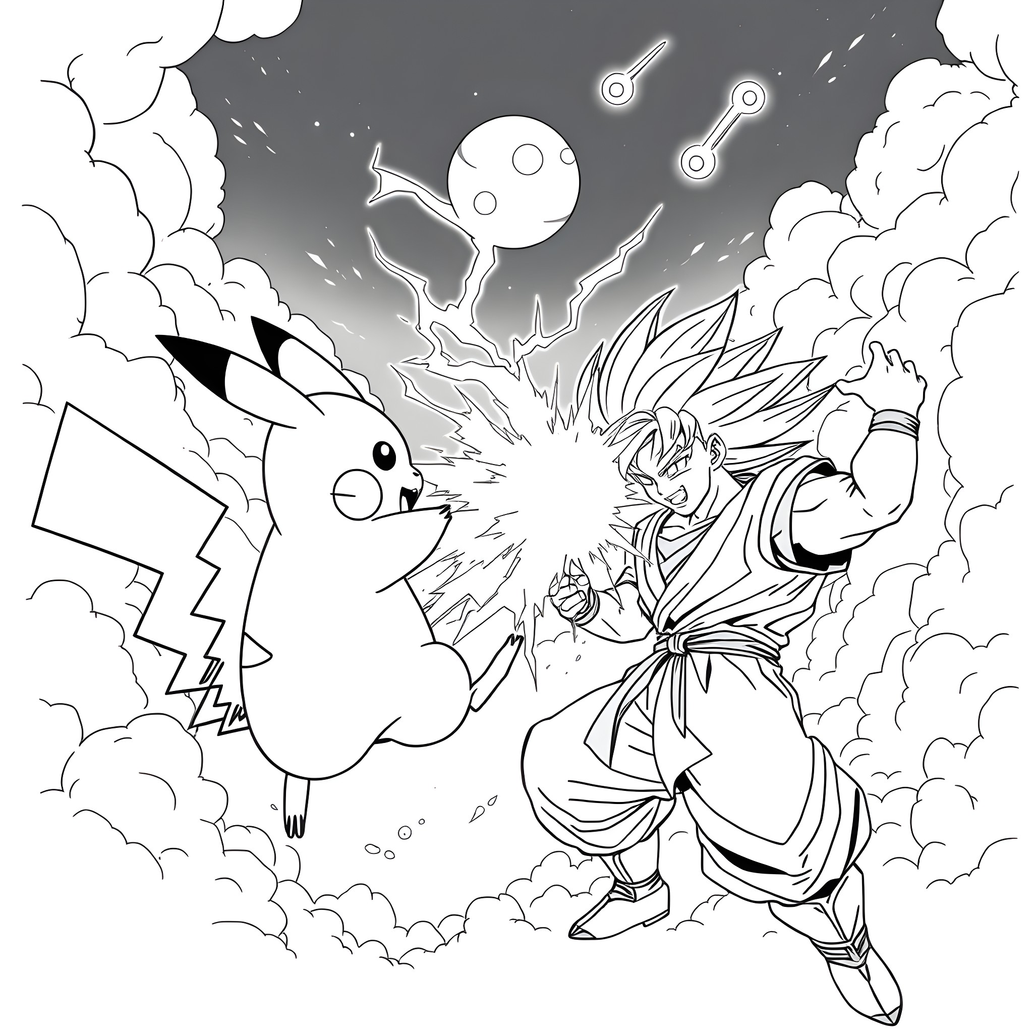 Pikachu and Goku Facing Off in Epic Battle Coloring Page (free black-and-white line drawing printable PDF for all, from beginners to advanced learners, including children, teens, adults, and seniors)
