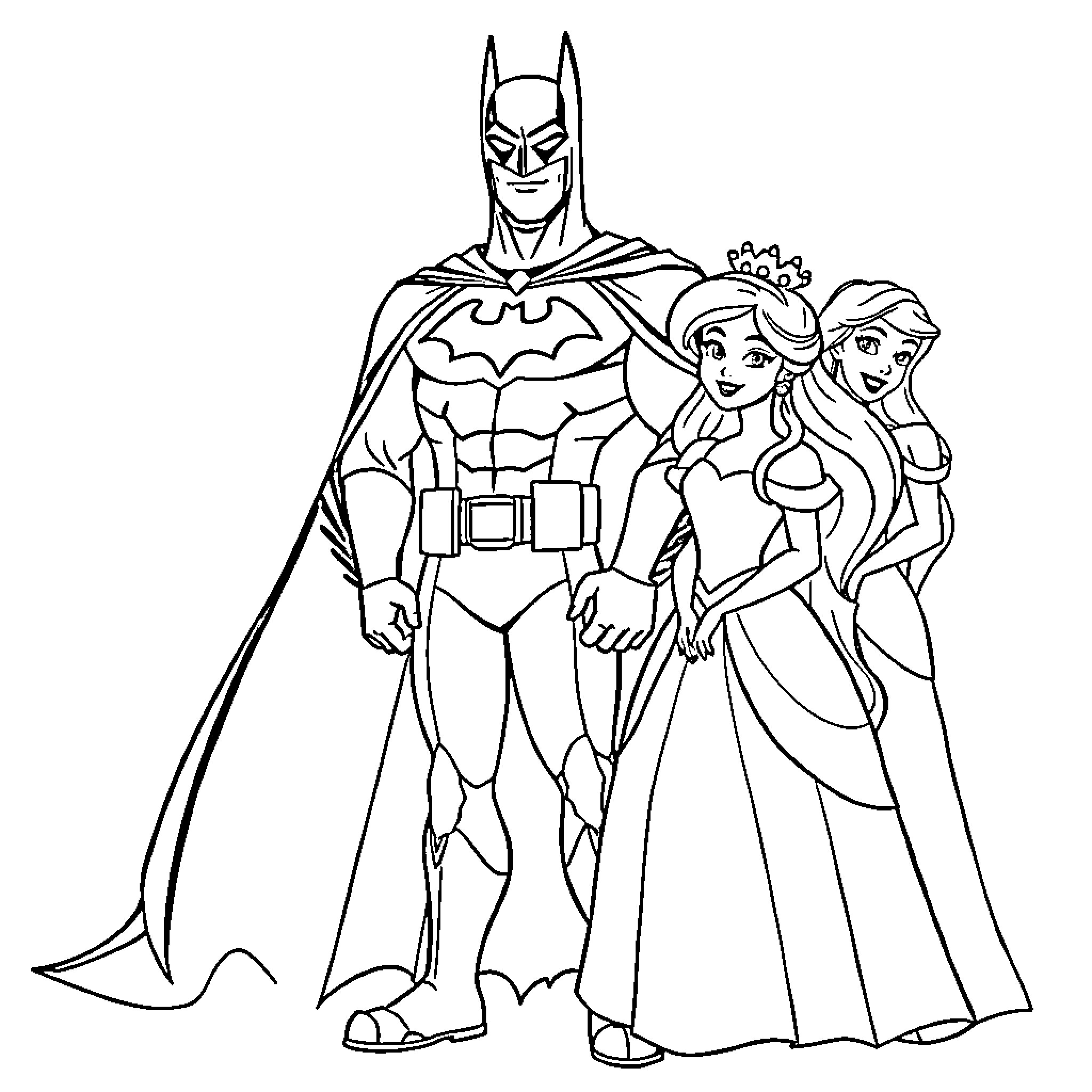 Batman with princesses in heroic poses Coloring Page (free black-and-white line drawing printable PDF for all, from beginners to advanced learners, including children, teens, adults, and seniors)