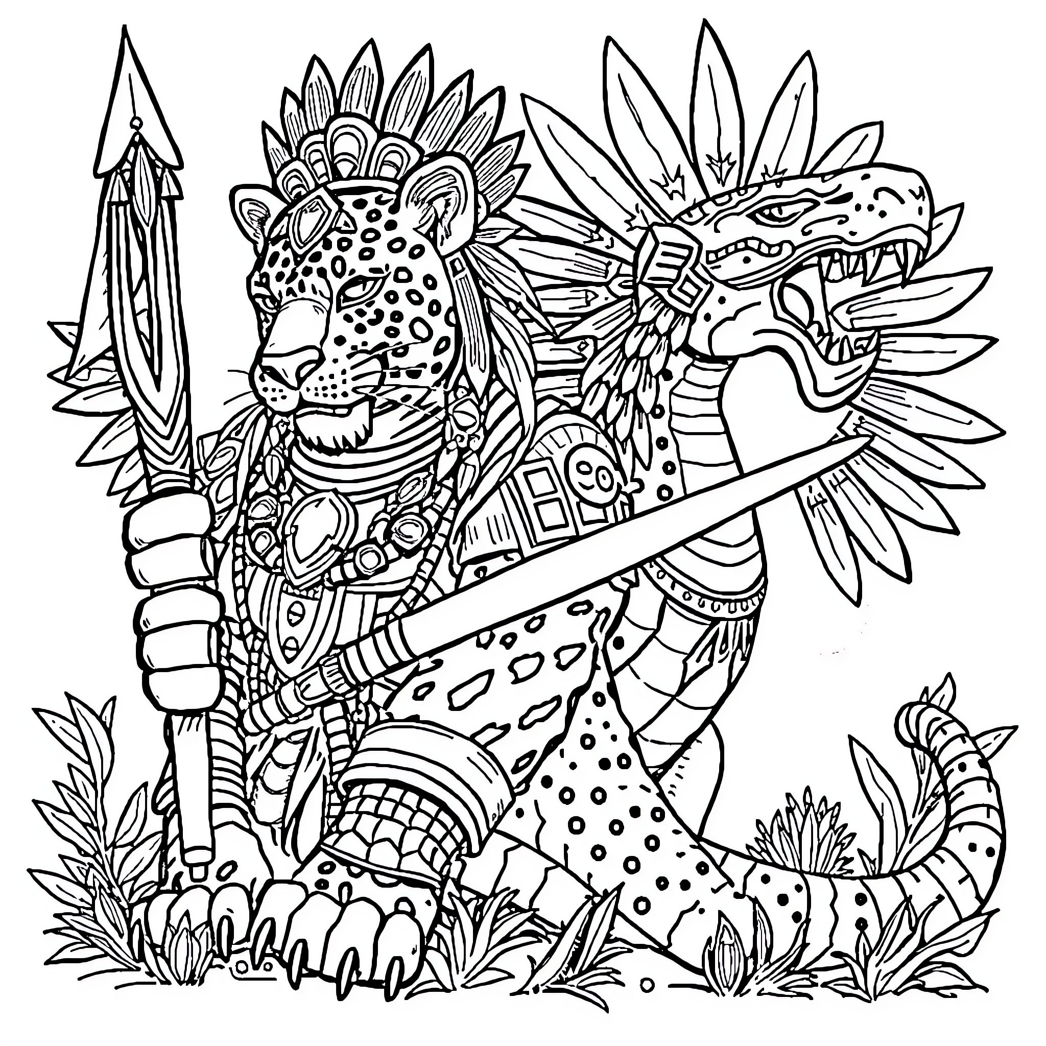 Jaguar warrior wielding spear and surrounded by wildlife Coloring Page (free black-and-white line drawing printable PDF for all, from beginners to advanced learners, including children, teens, adults, and seniors)