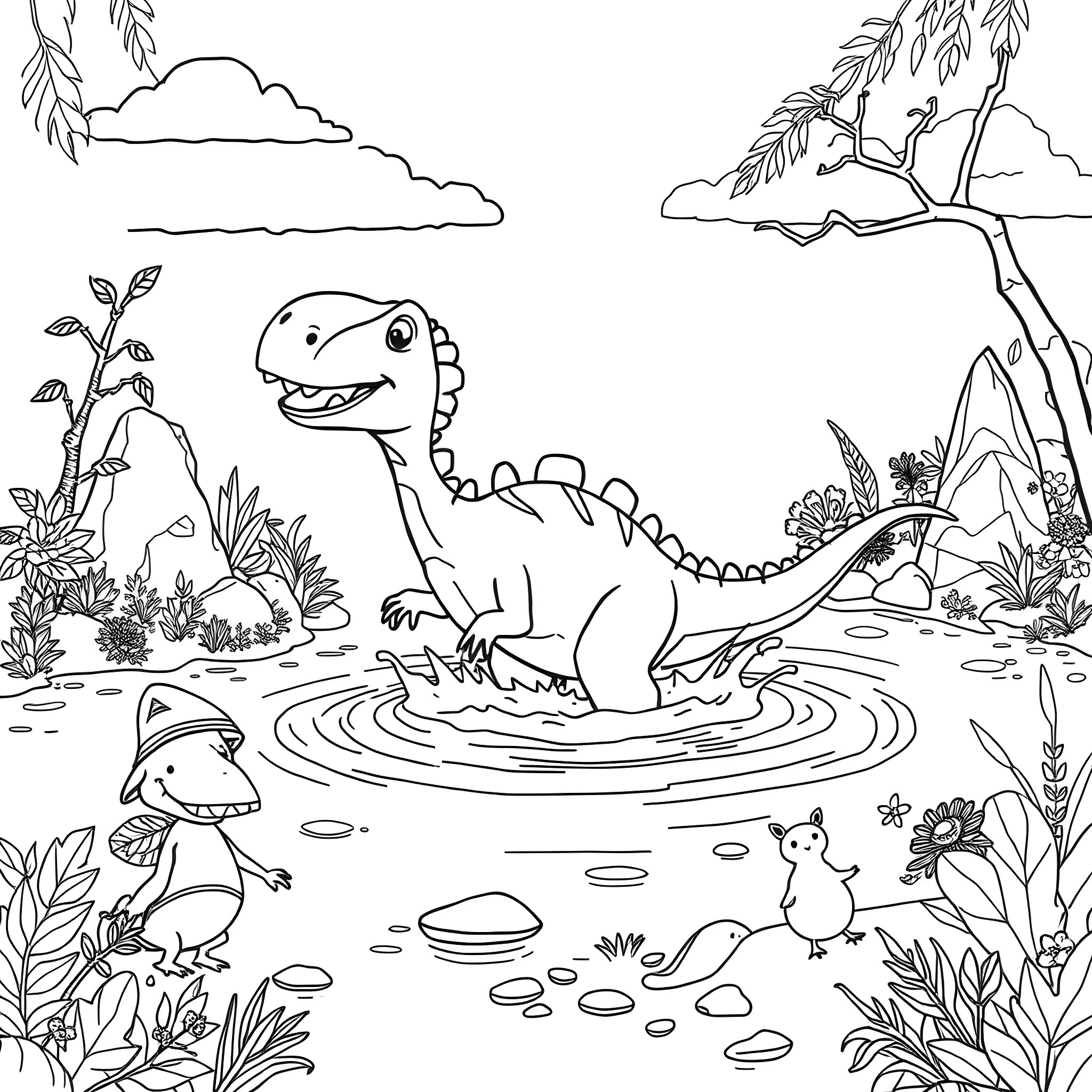 Dinosaur playing happily in the prehistoric landscape Coloring Page (free black-and-white line drawing printable PDF for all, from beginners to advanced learners, including children, teens, adults, and seniors)