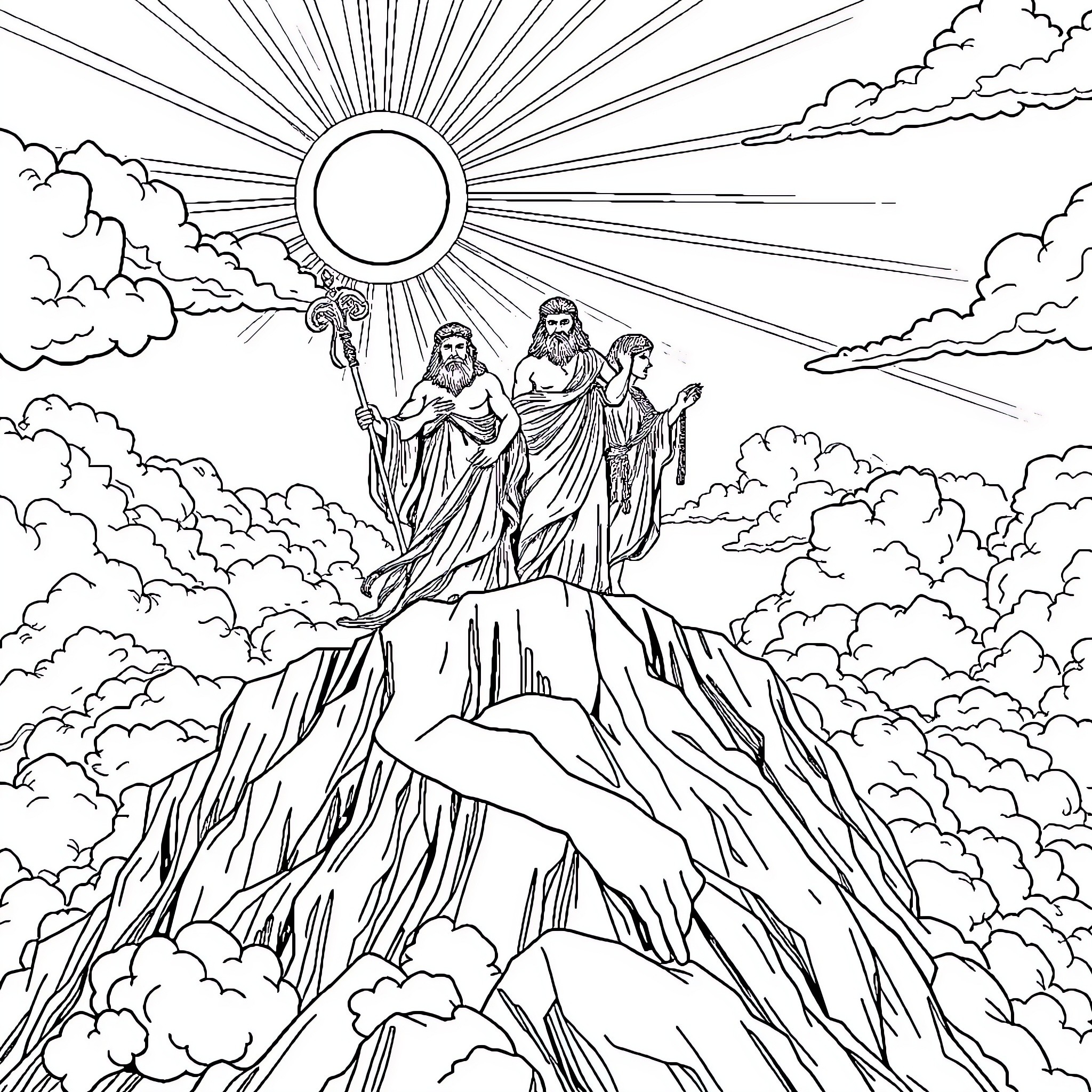 Greek Gods overlooking the heavenly realm Coloring Page (free black-and-white line drawing printable PDF for all, from beginners to advanced learners, including children, teens, adults, and seniors)