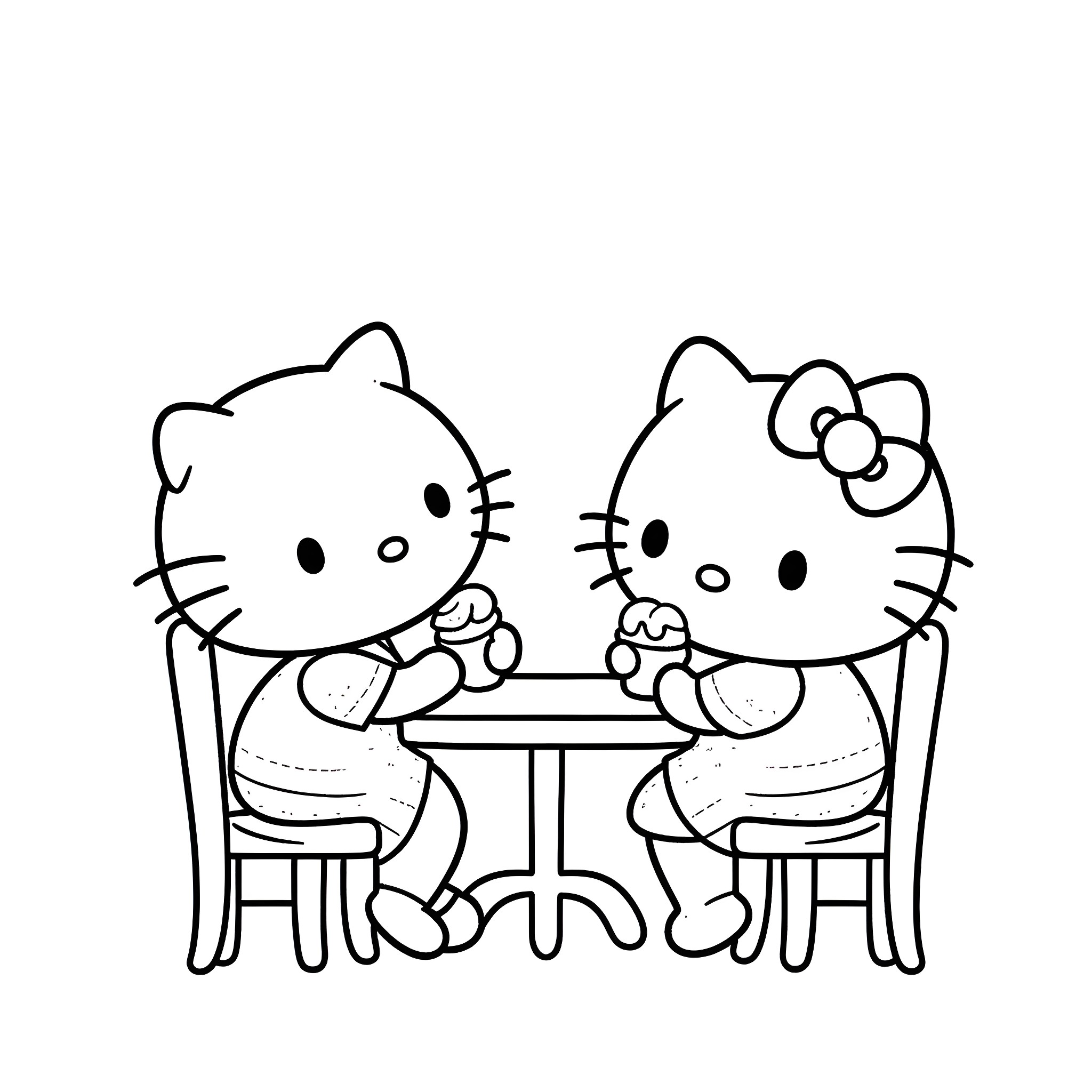 Hello Kitty enjoying a friendly chat Coloring Page (free black-and-white line drawing printable PDF for all, from beginners to advanced learners, including children, teens, adults, and seniors)