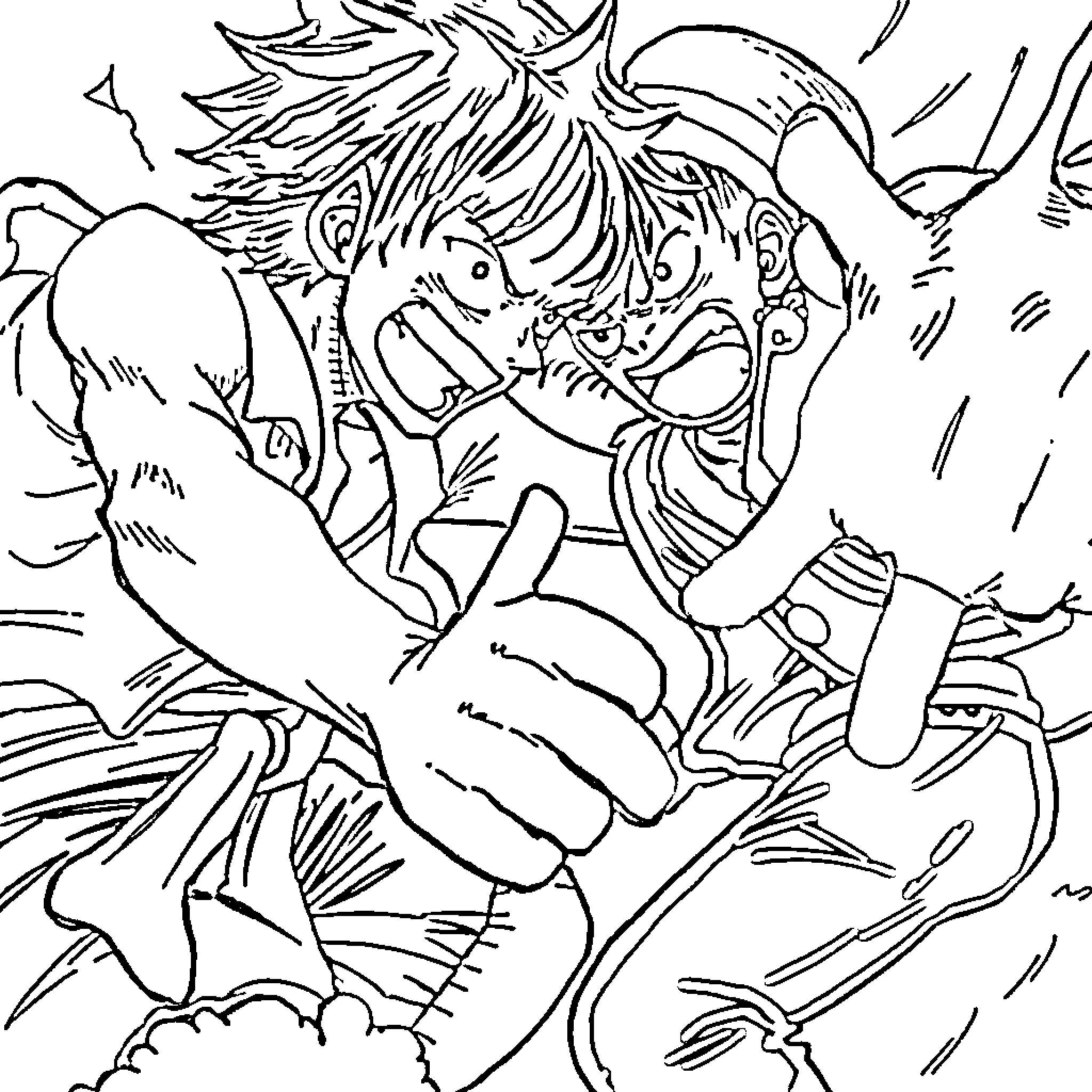 Deku and Luffy clash in an intense battle Coloring Page (free black-and-white line drawing printable PDF for all, from beginners to advanced learners, including children, teens, adults, and seniors)