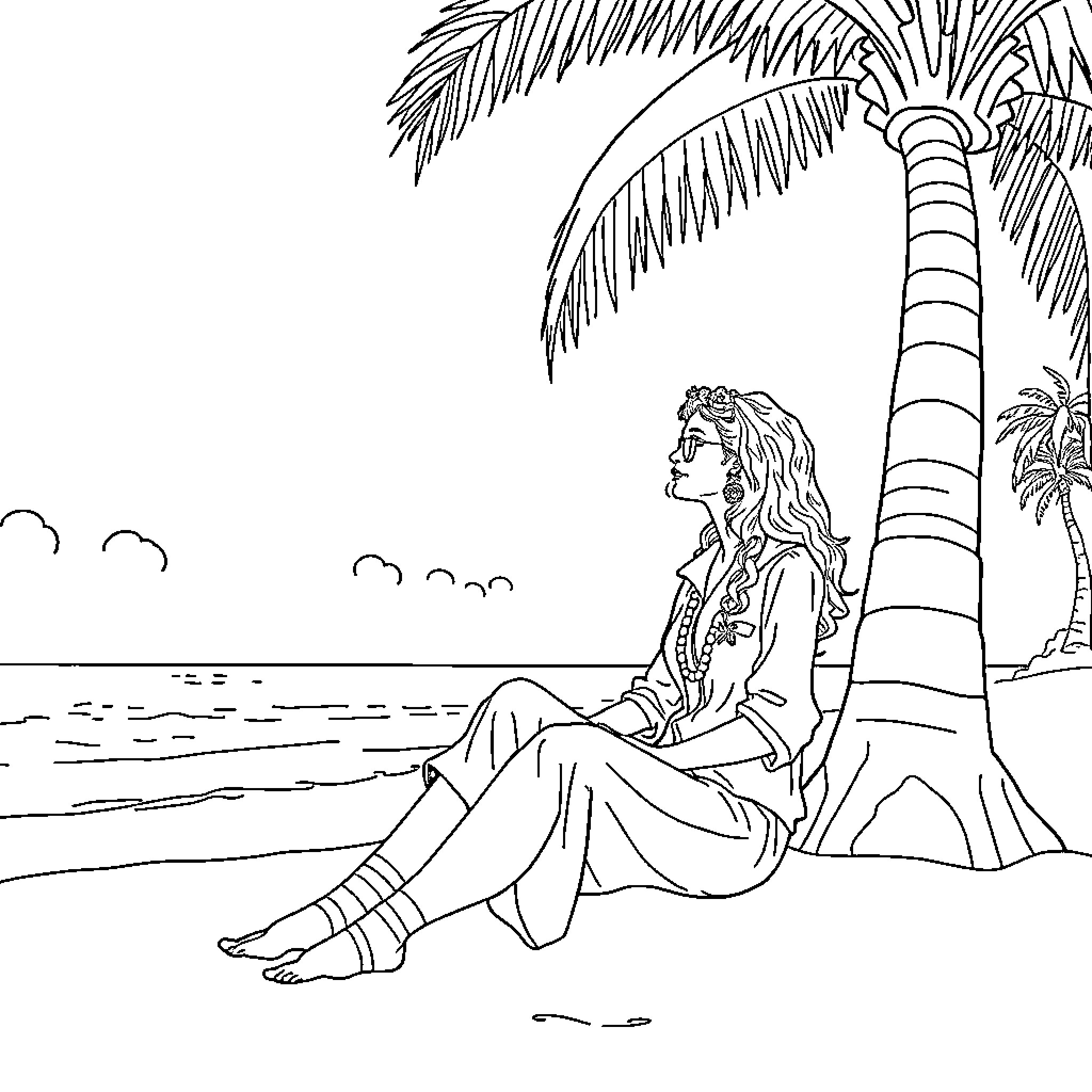 Sappho contemplating under the palm tree Coloring Page (free black-and-white line drawing printable PDF for all, from beginners to advanced learners, including children, teens, adults, and seniors)