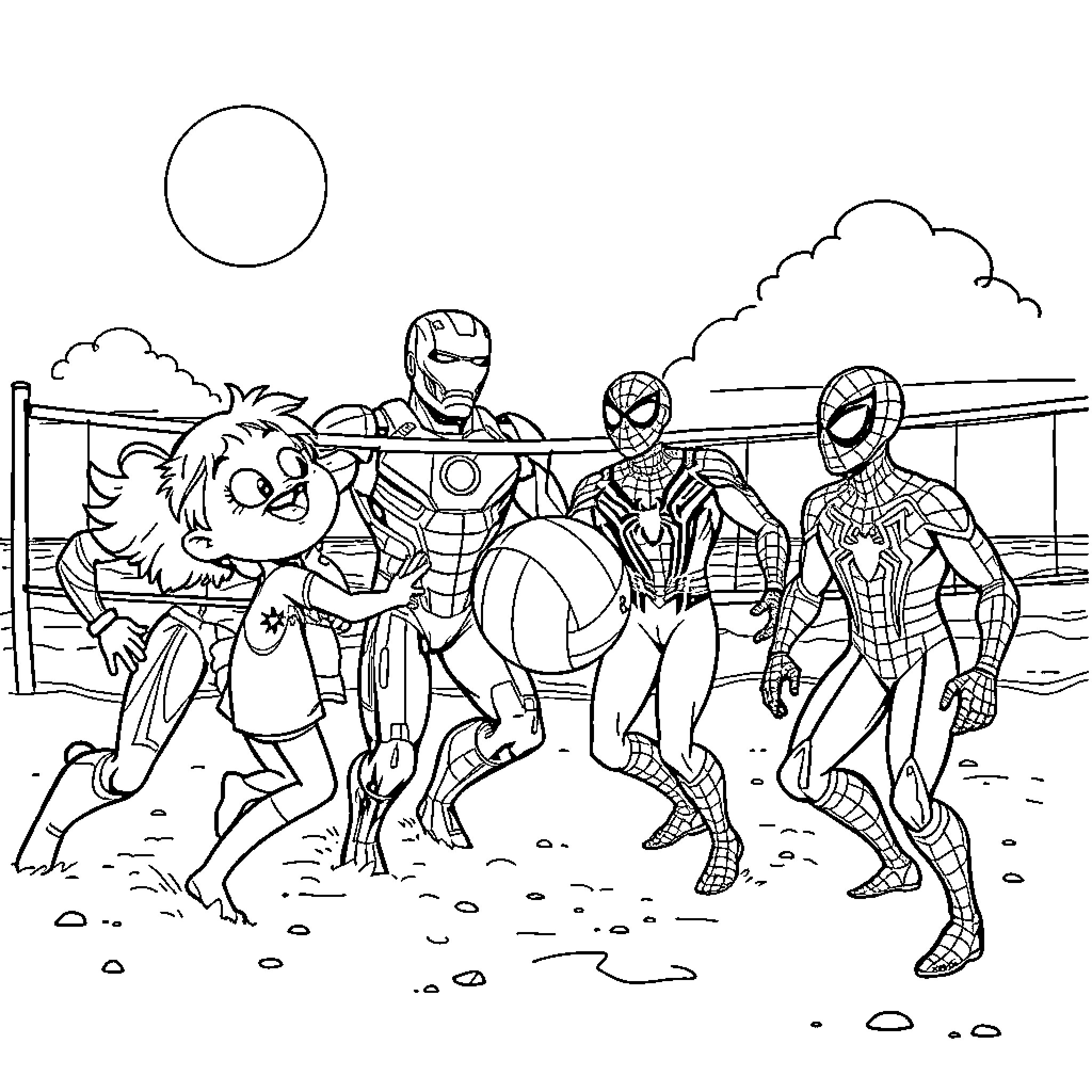 Bluey and superheroes playing on the beach Coloring Page (free black-and-white line drawing printable PDF for all, from beginners to advanced learners, including children, teens, adults, and seniors)